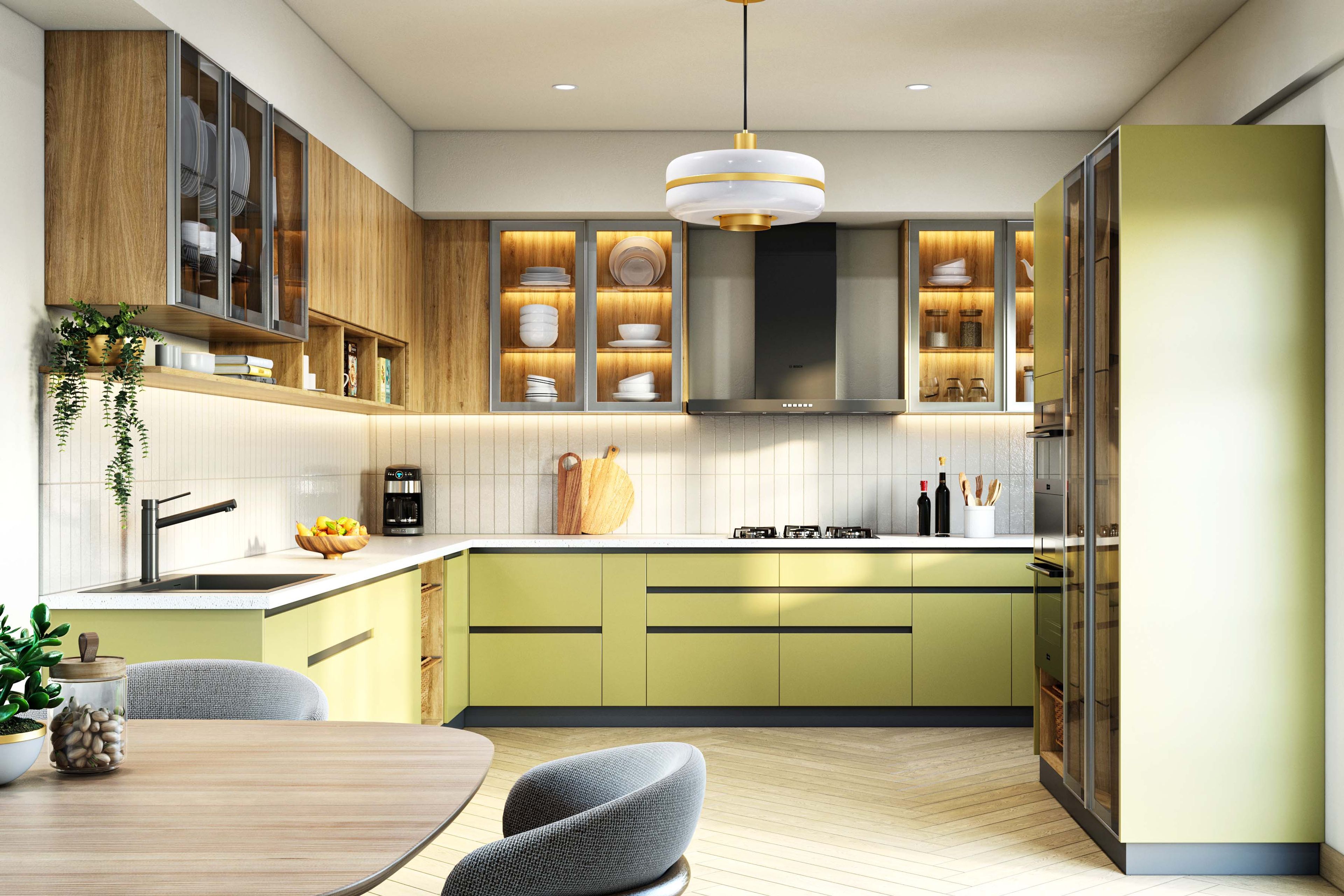 Golf Green and Teak Modern L-Shaped Kitchen Design with Quartz Countertop