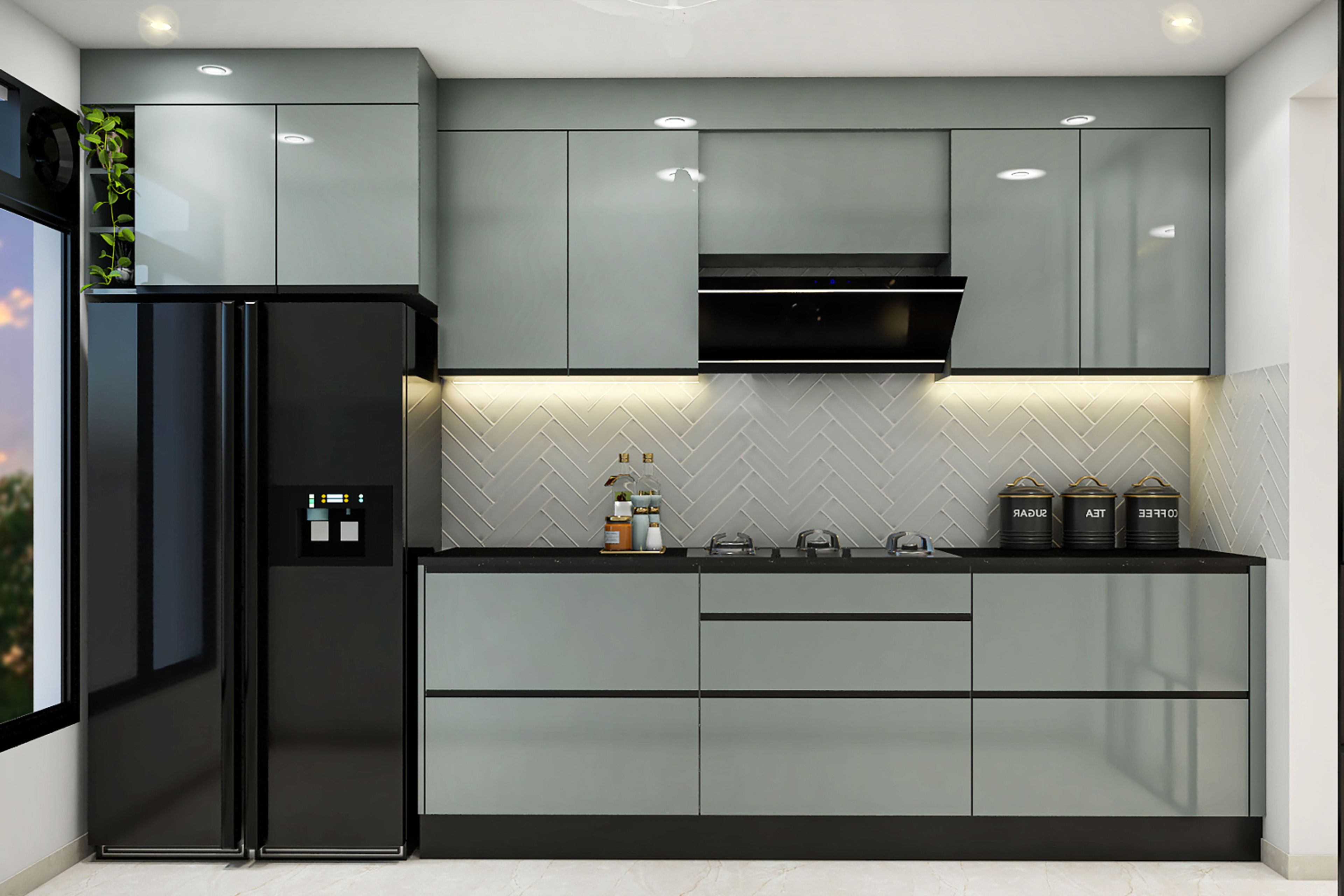 Modern Parallel Kitchen Design with High-Gloss Silver Frost Cabinets