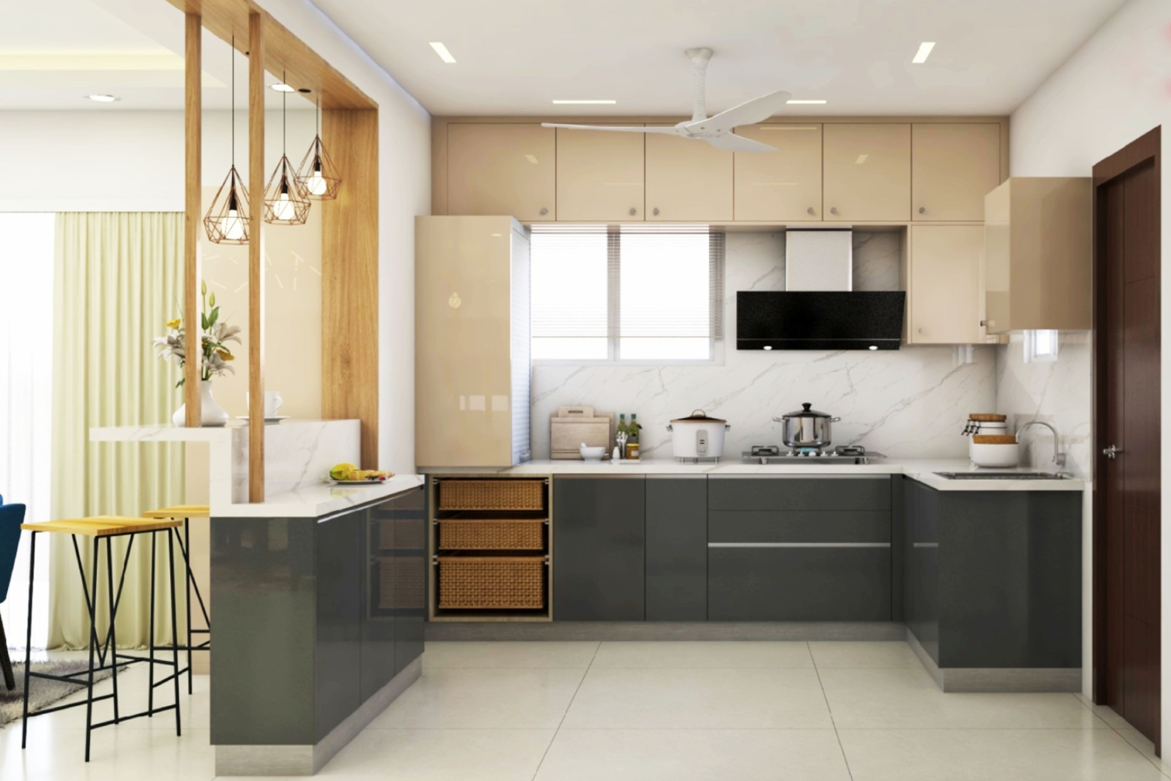 Open Kitchen Design with Grey and Cream High-Gloss Cabinets