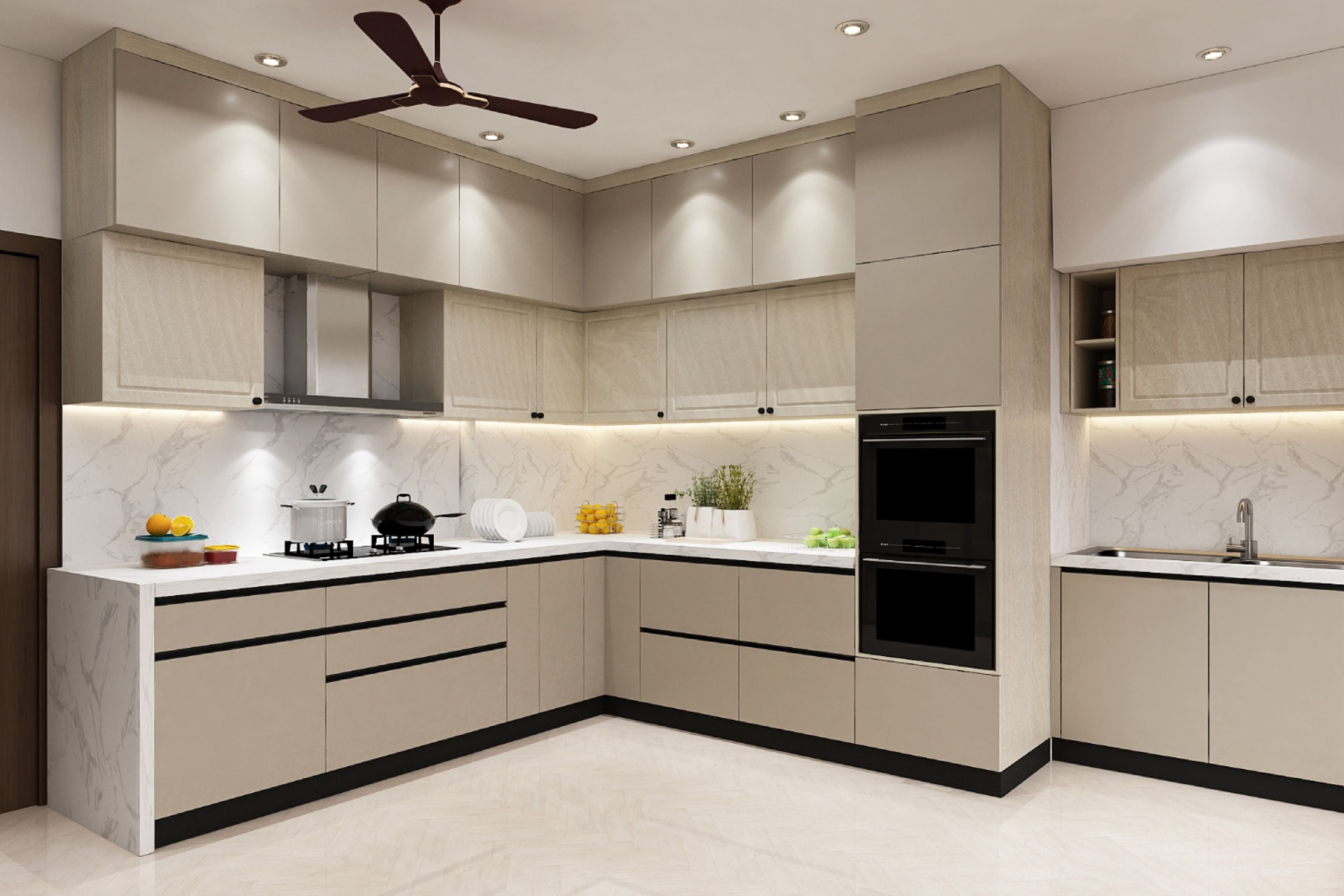 L-Shaped Kitchen Design with LED Lighting and Marble Countertop
