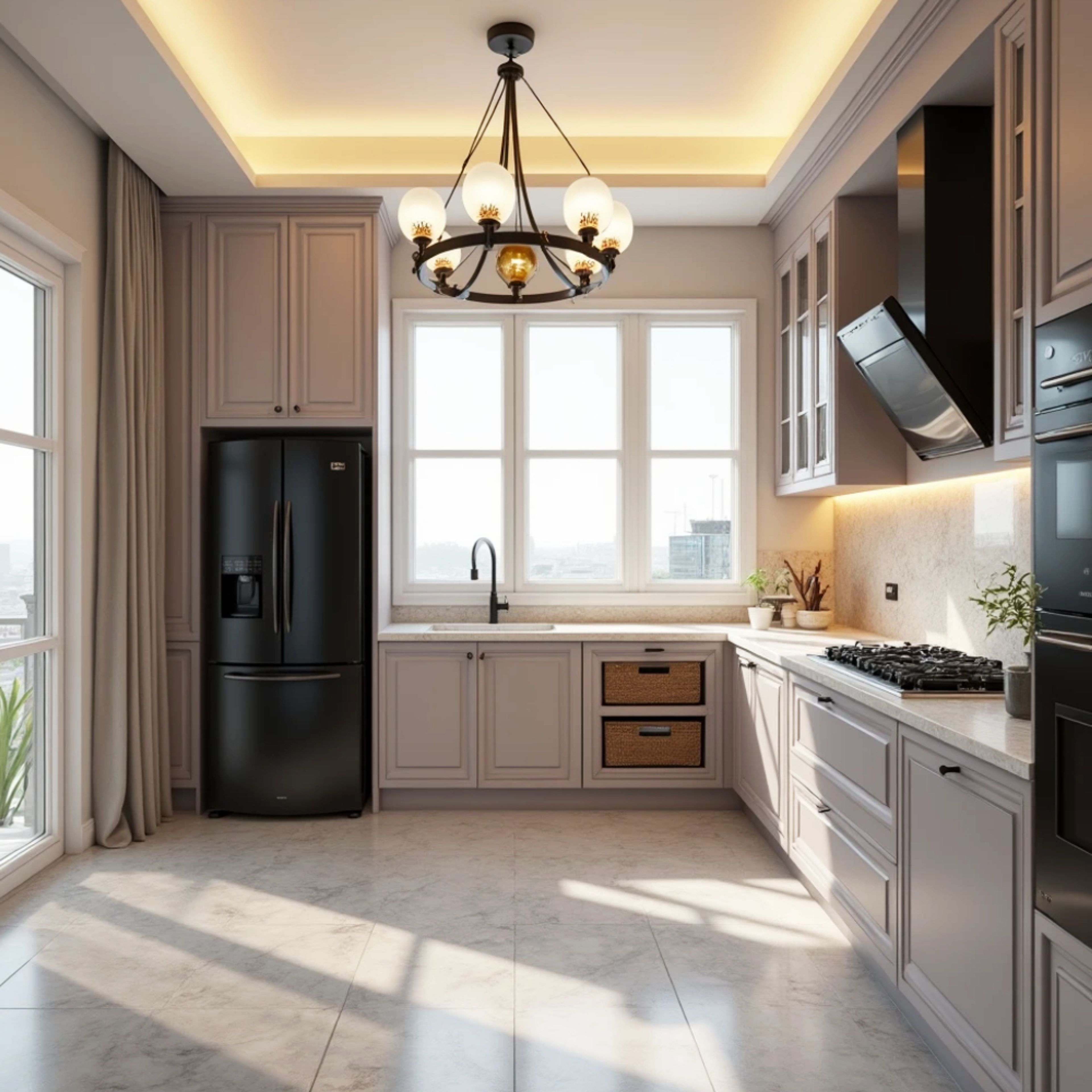 Contemporary L-Shaped Kitchen Design with Marble Countertop