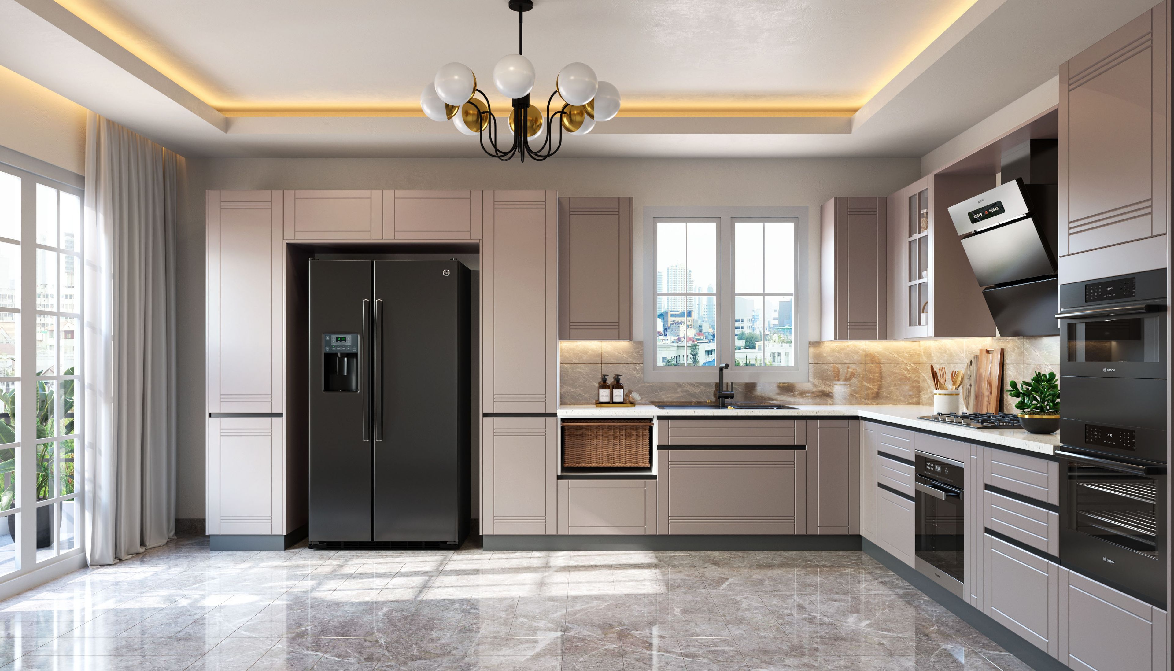 L-Shaped Classic Kitchen Design with Grey Matte Finish