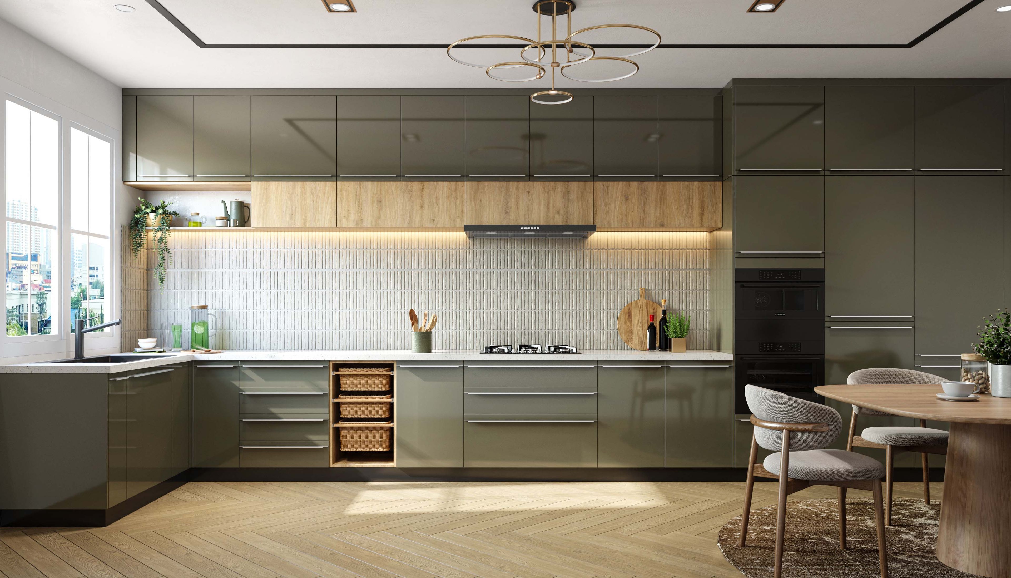 Modern L-Shaped Kitchen Design with White Quartz Countertop