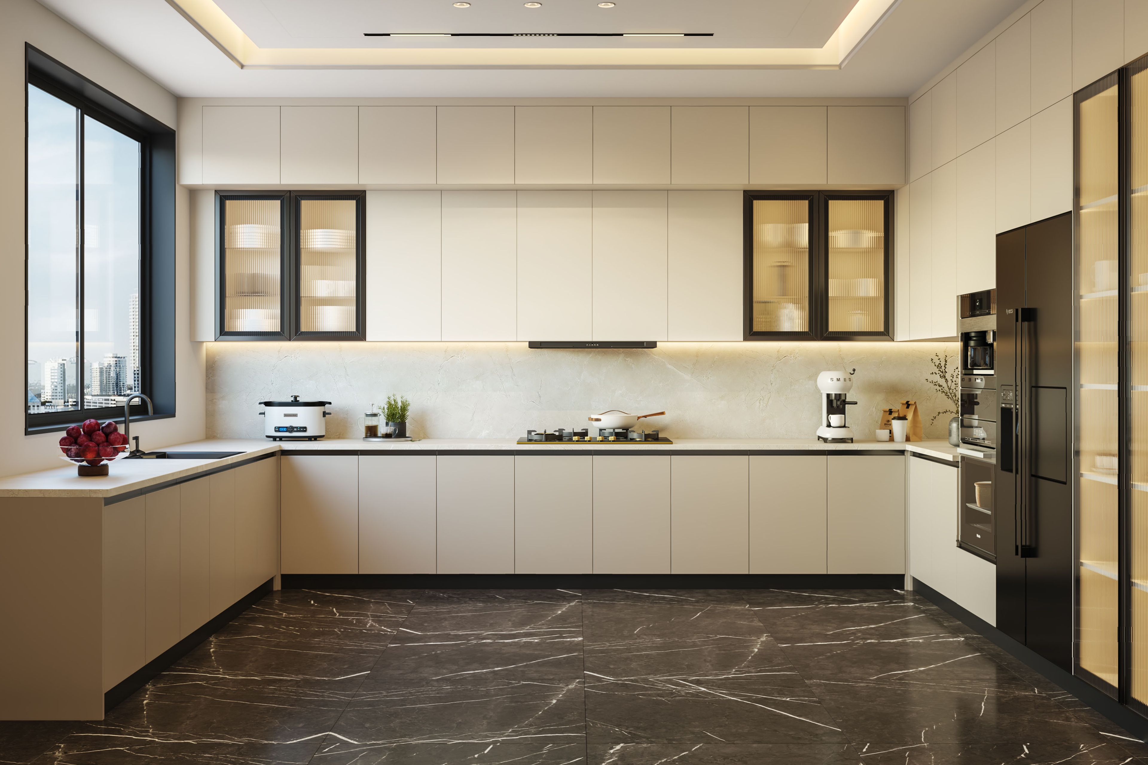 Modern U-Shaped Kitchen Design with Suede Finish and Quartz Countertop