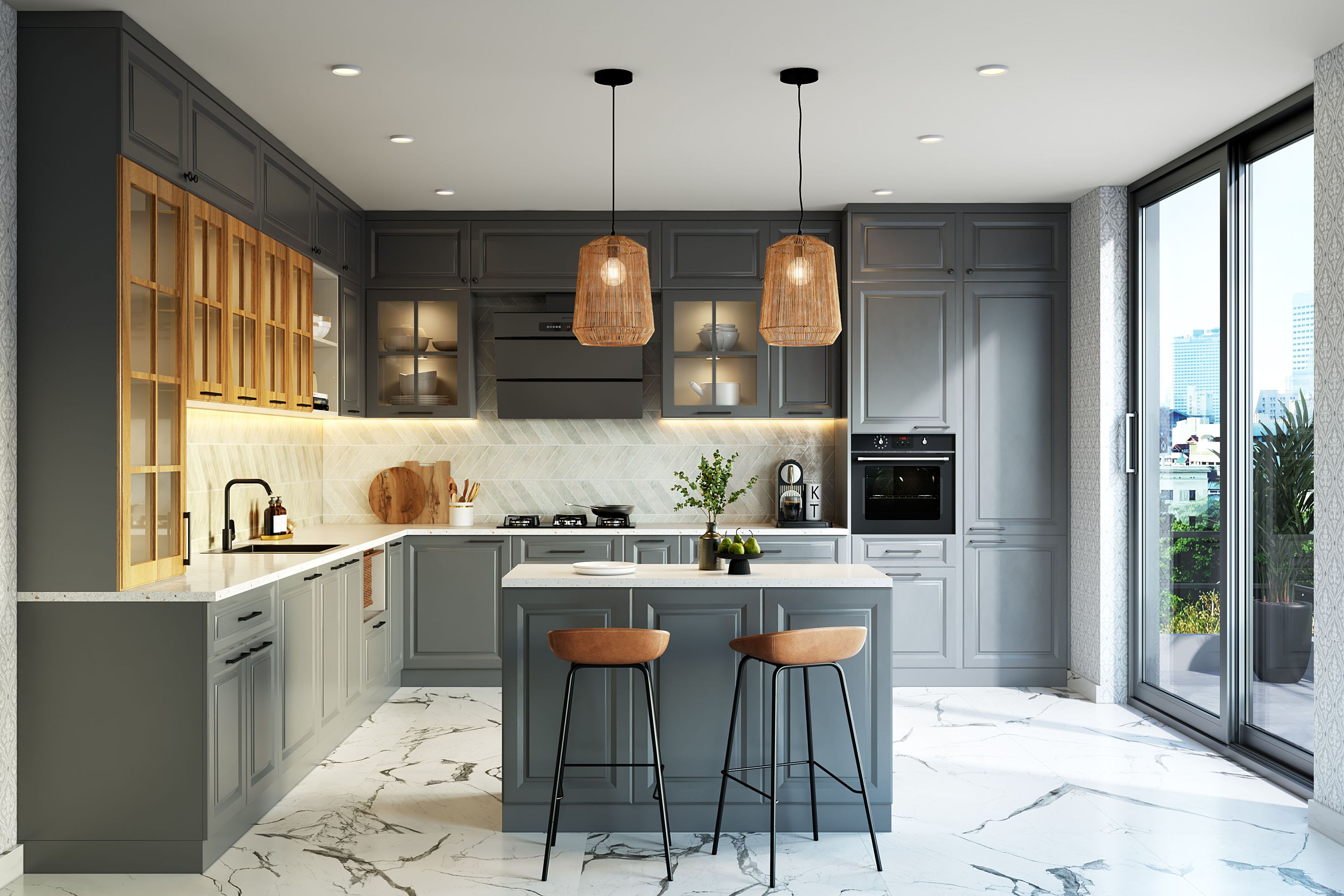 Dust Grey Transitional Kitchen Design with Island Layout and Glass Cabinets
