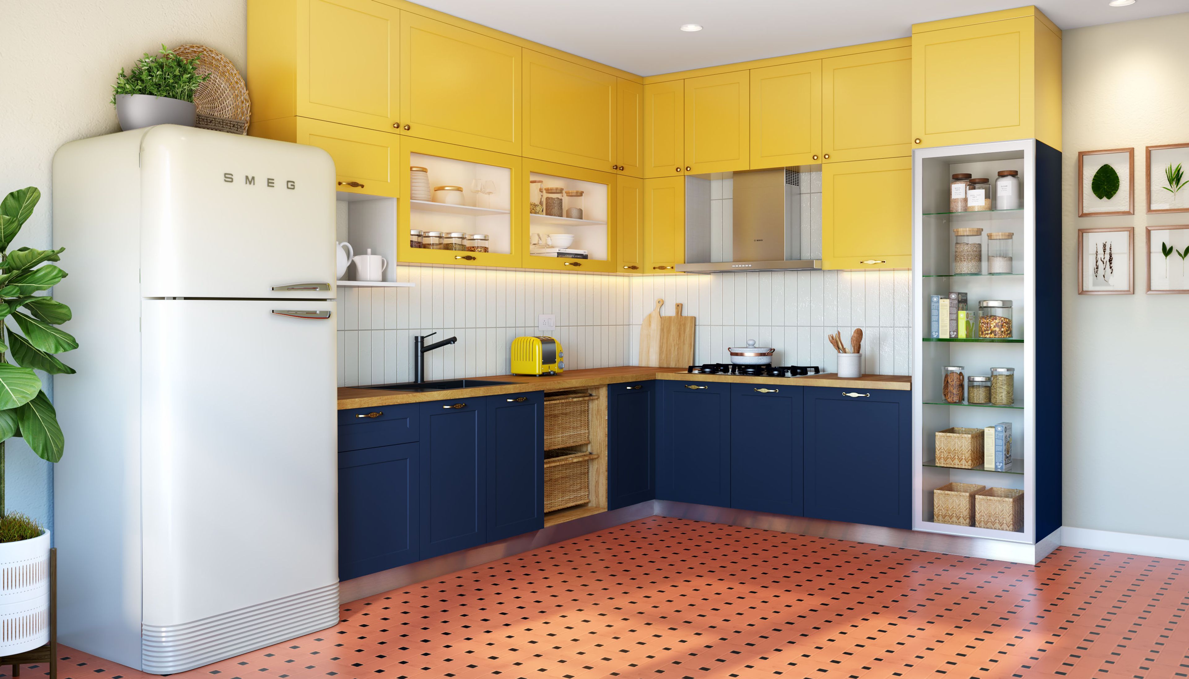 Modern L-Shaped Kitchen Design with Bold Blue and Yellow Accents