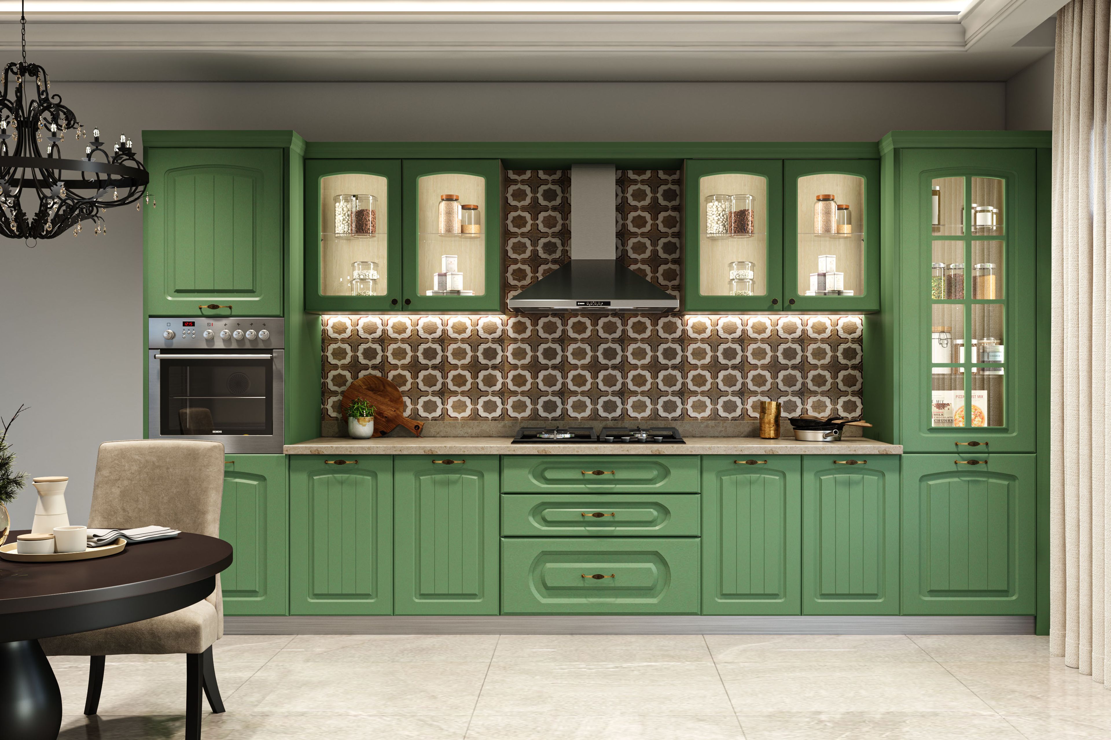 Vintage Straight Kitchen Design with Fern Green Cabinets