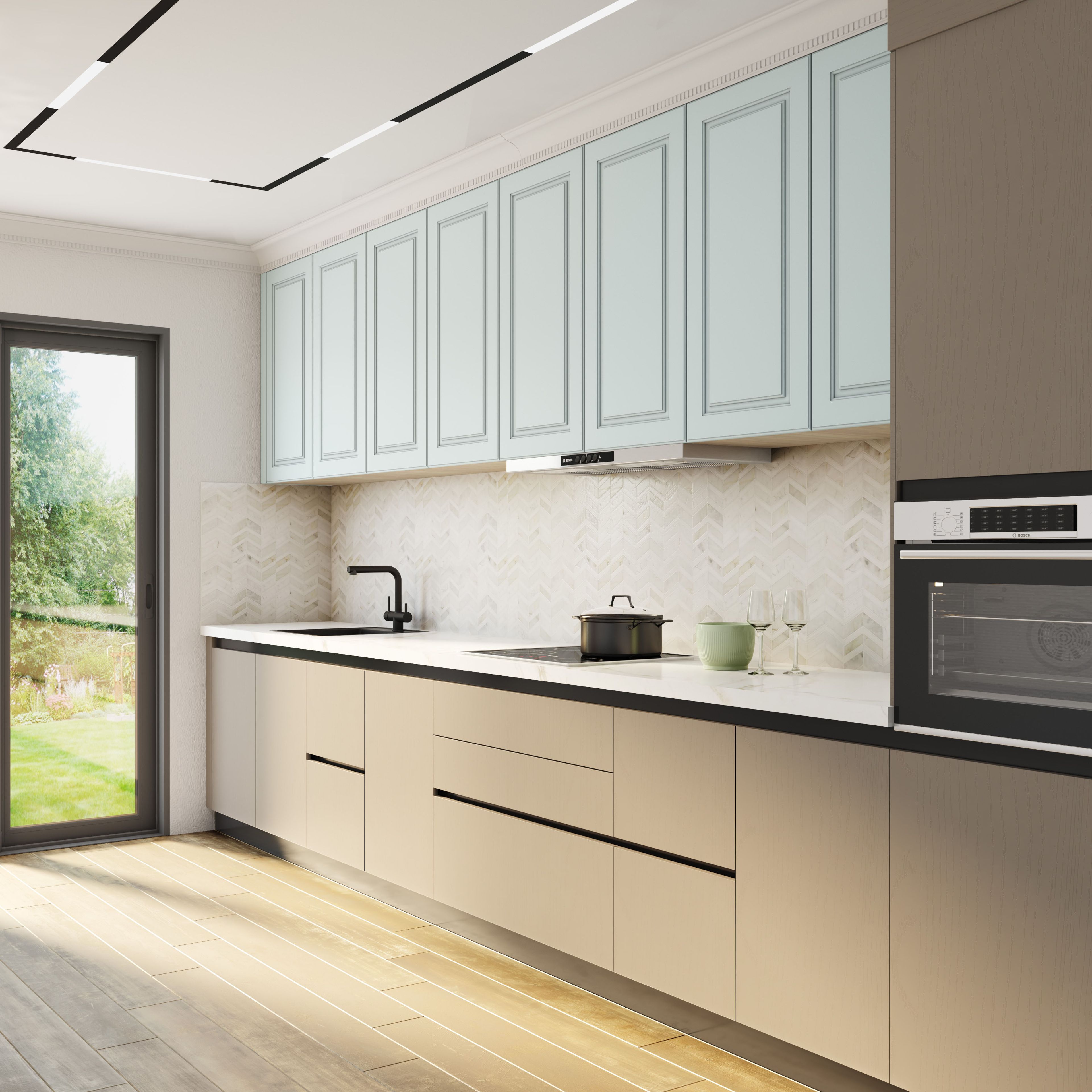 Minimalist Straight Kitchen Design with Scandic Blue and Grey Ash