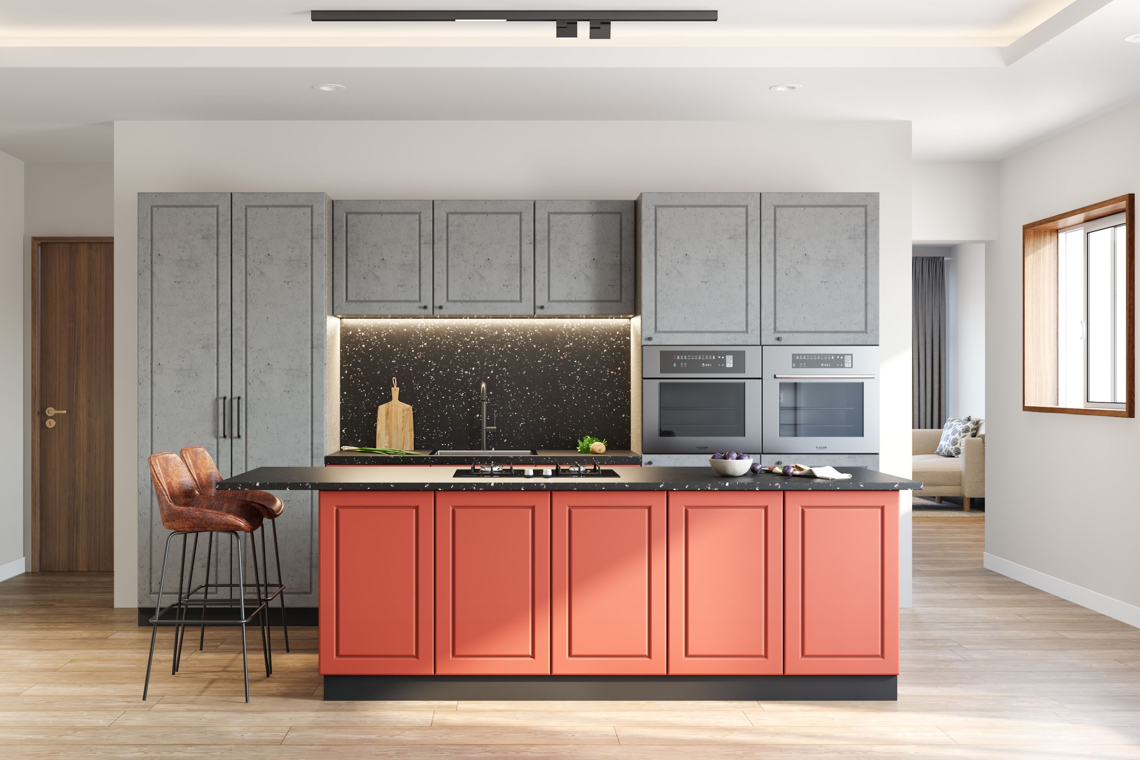 Modern Island Kitchen Design with Ceramic Red and Concrete Cabinets