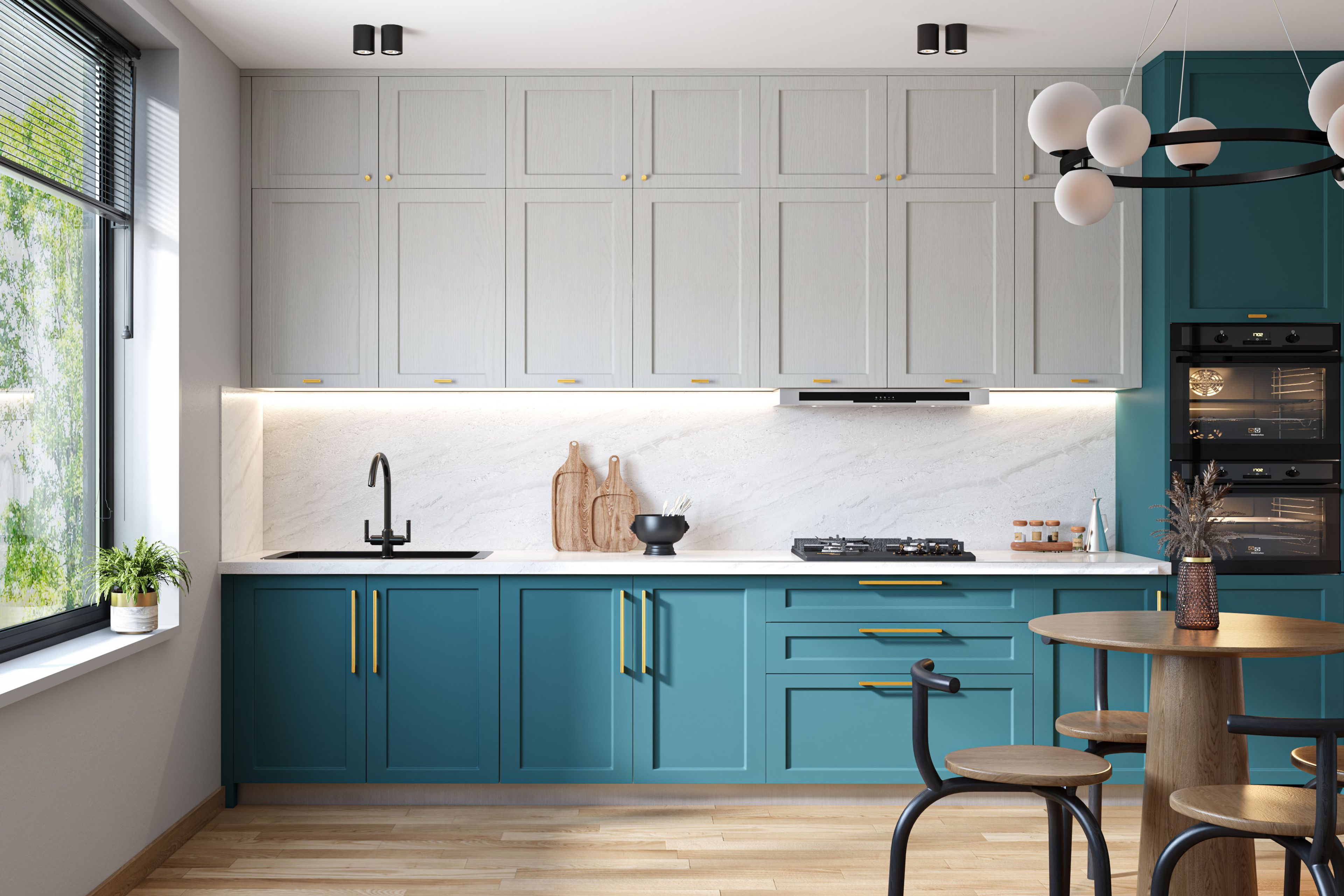 Straight Kitchen Design with Petrol Premier and Grey Matte Cabinets