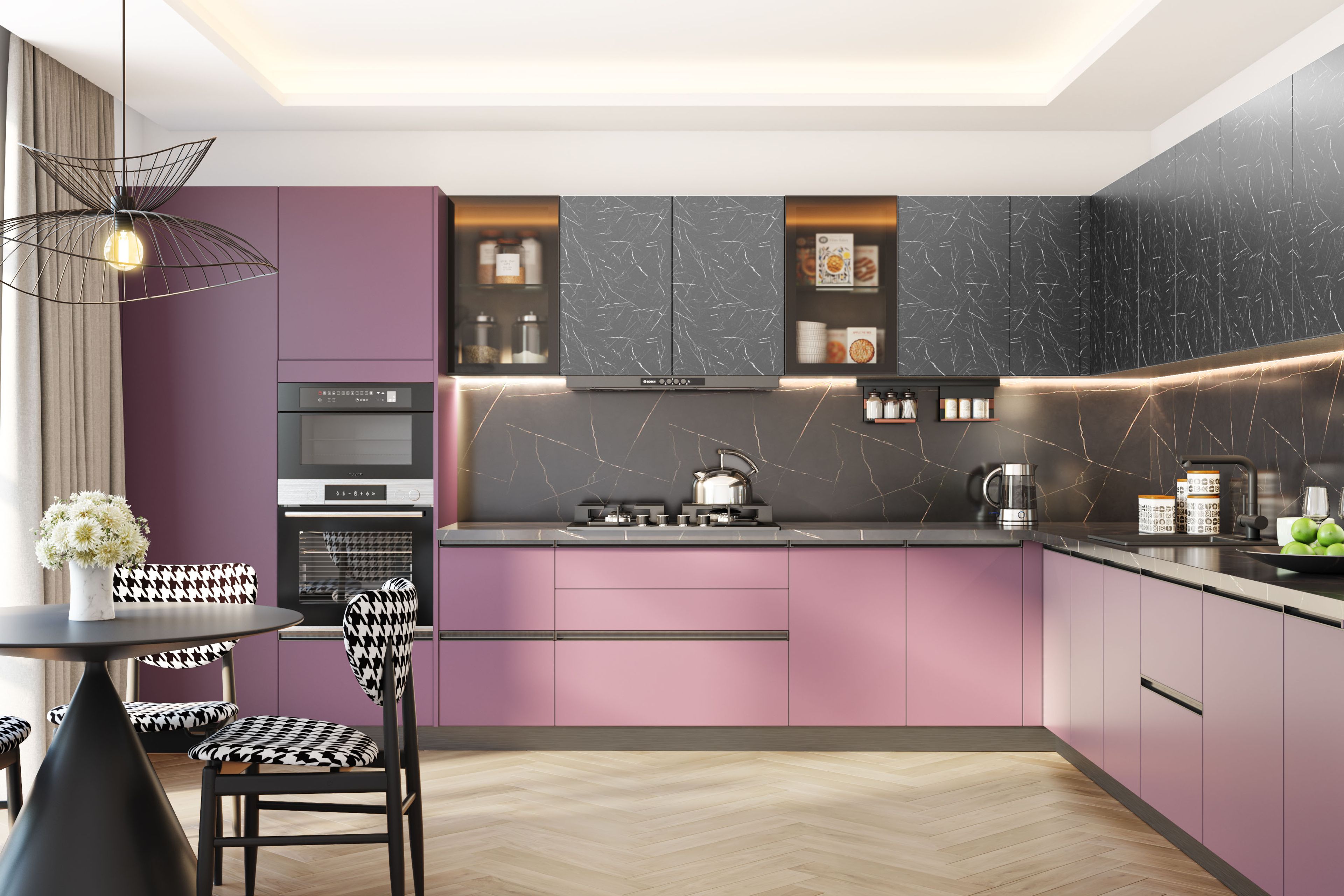 Modern L-Shaped Kitchen Design with Violet and Nero Marmo Cabinets