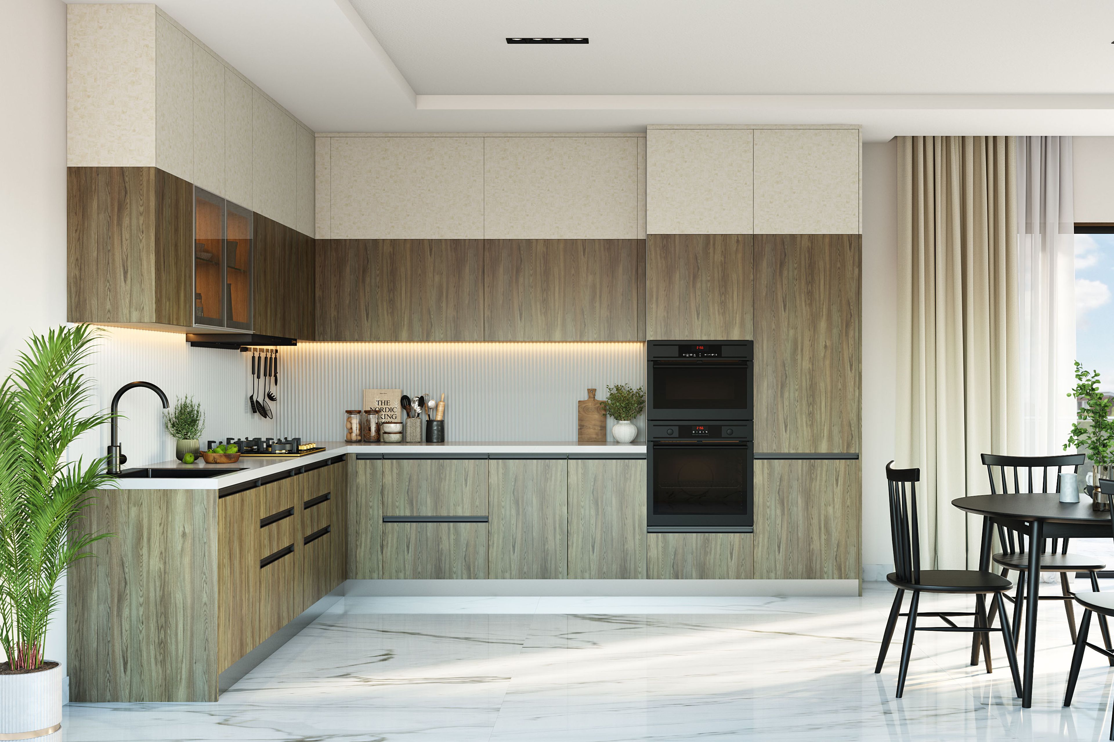 L-Shaped Kitchen Design with Wooden Texture Base and Wall Units