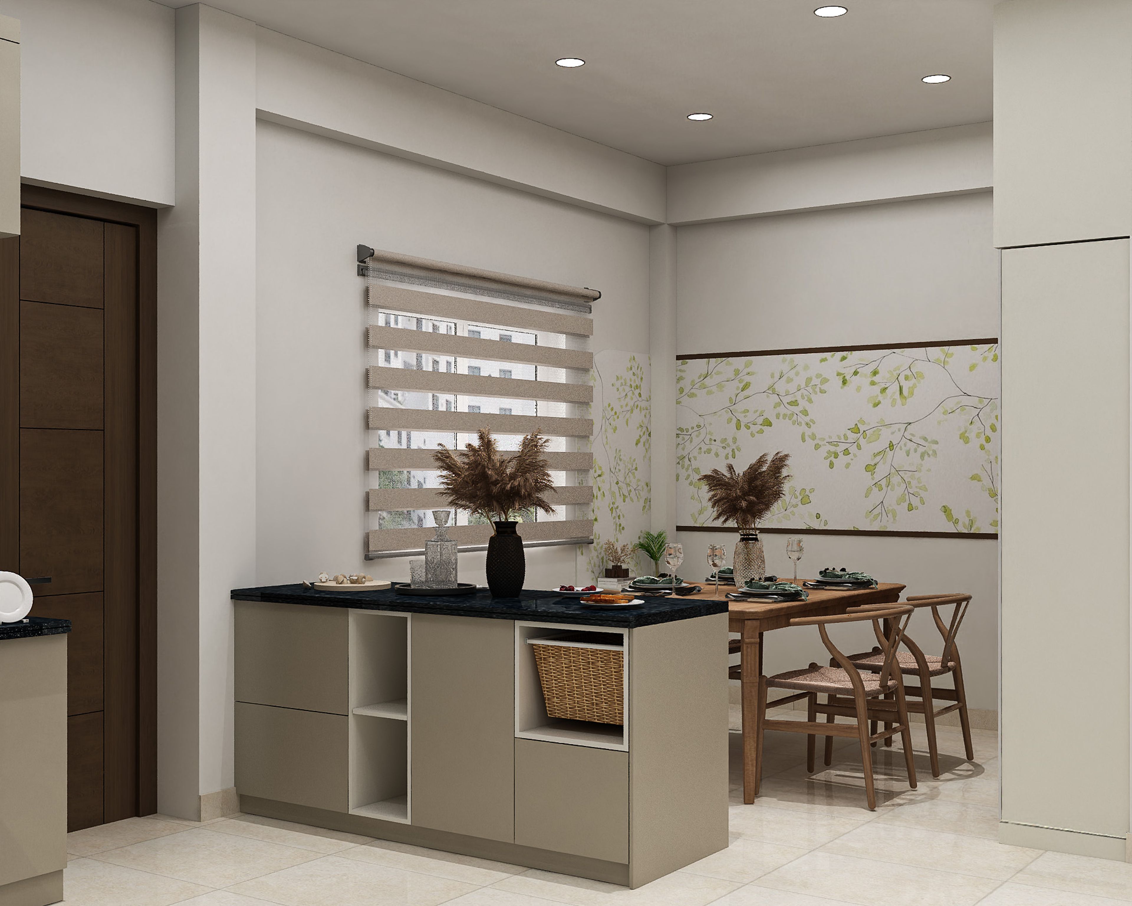 L-Shaped Kitchen Design with Cream and Walnut Accents