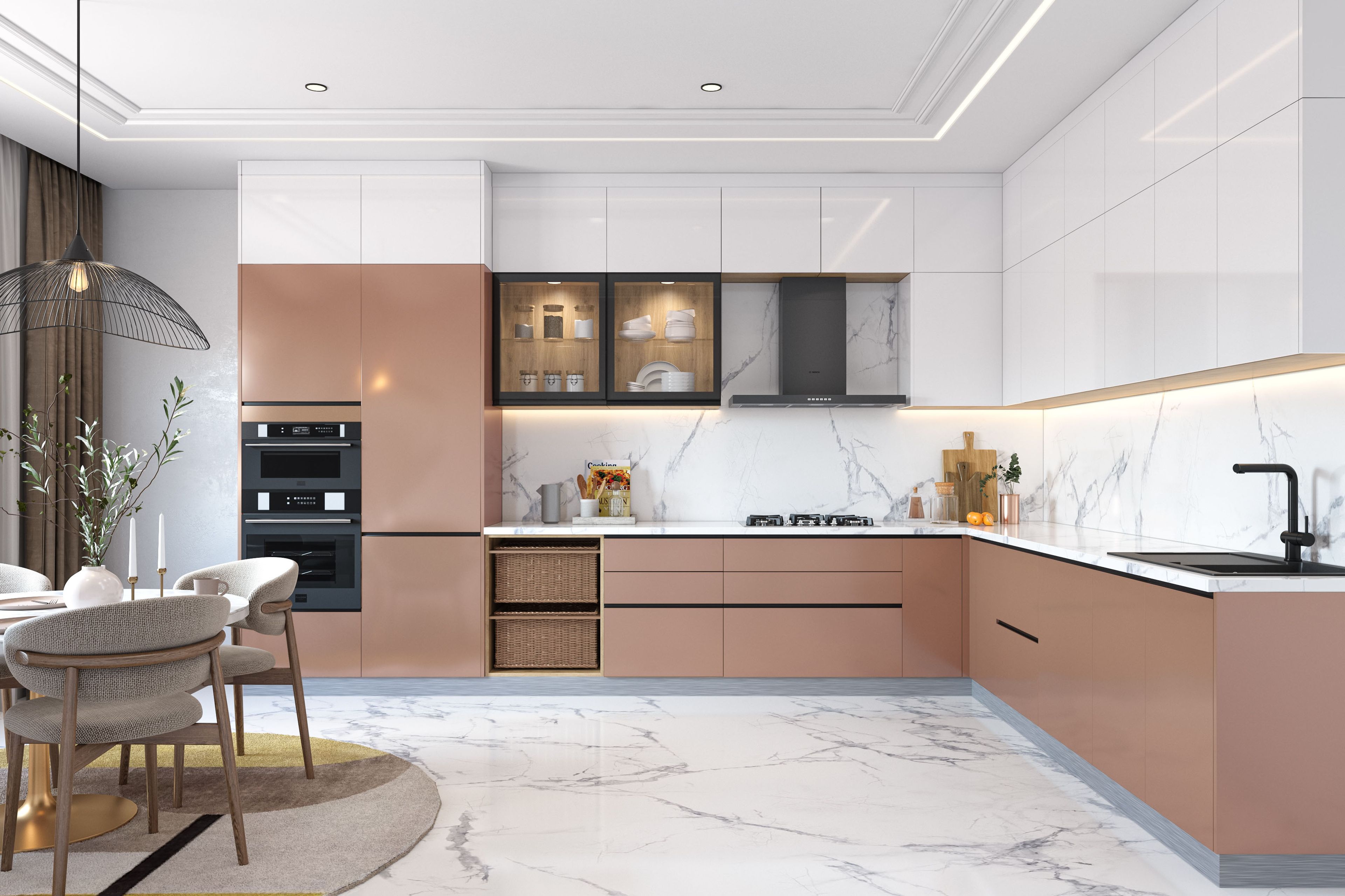 Modern L-Shaped Kitchen Design with Peach Brown and White Finish