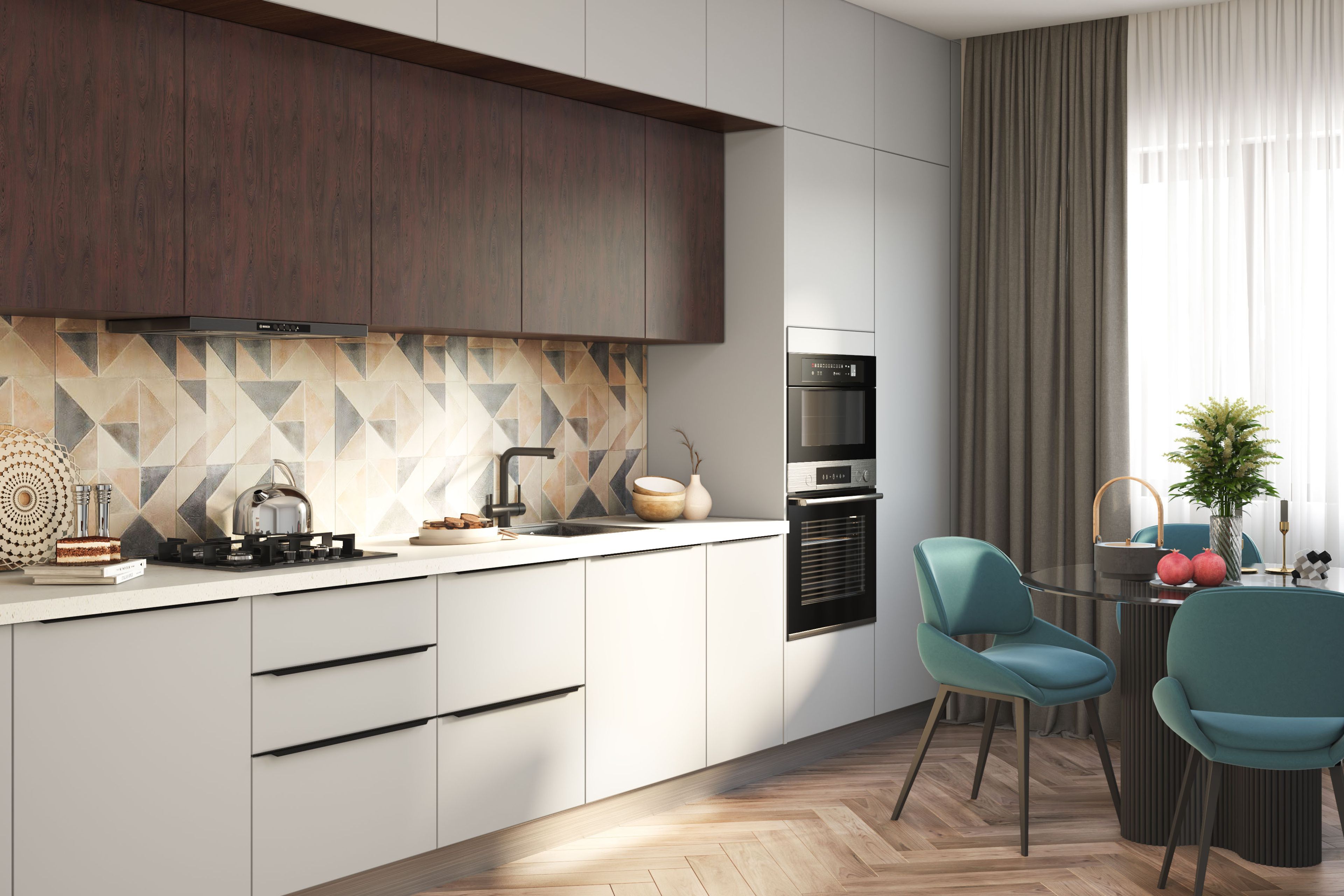 Contemporary Open Kitchen Design with Grey and Tawny Balsam Cabinets