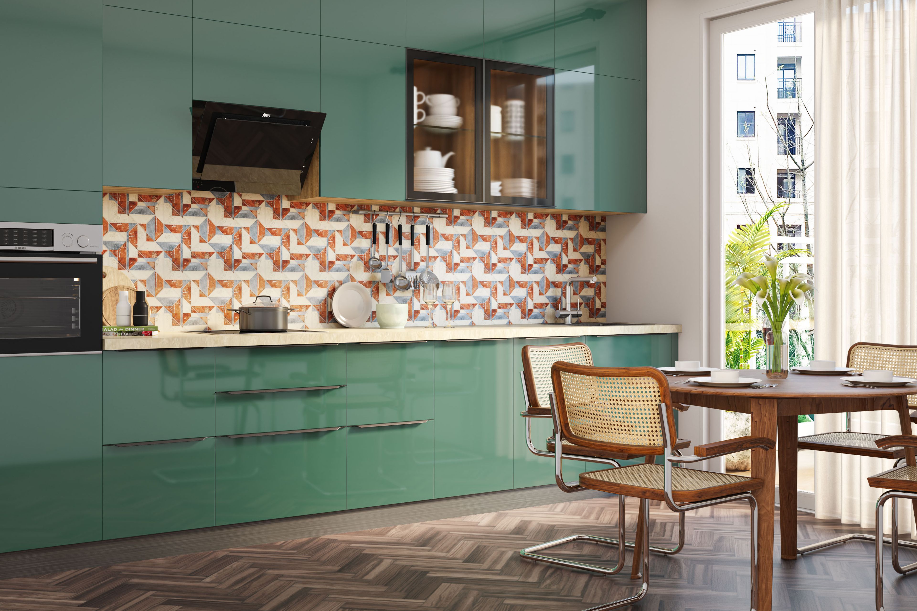 Mid-Century Modern Straight Kitchen Design with Aqua Green Cabinets