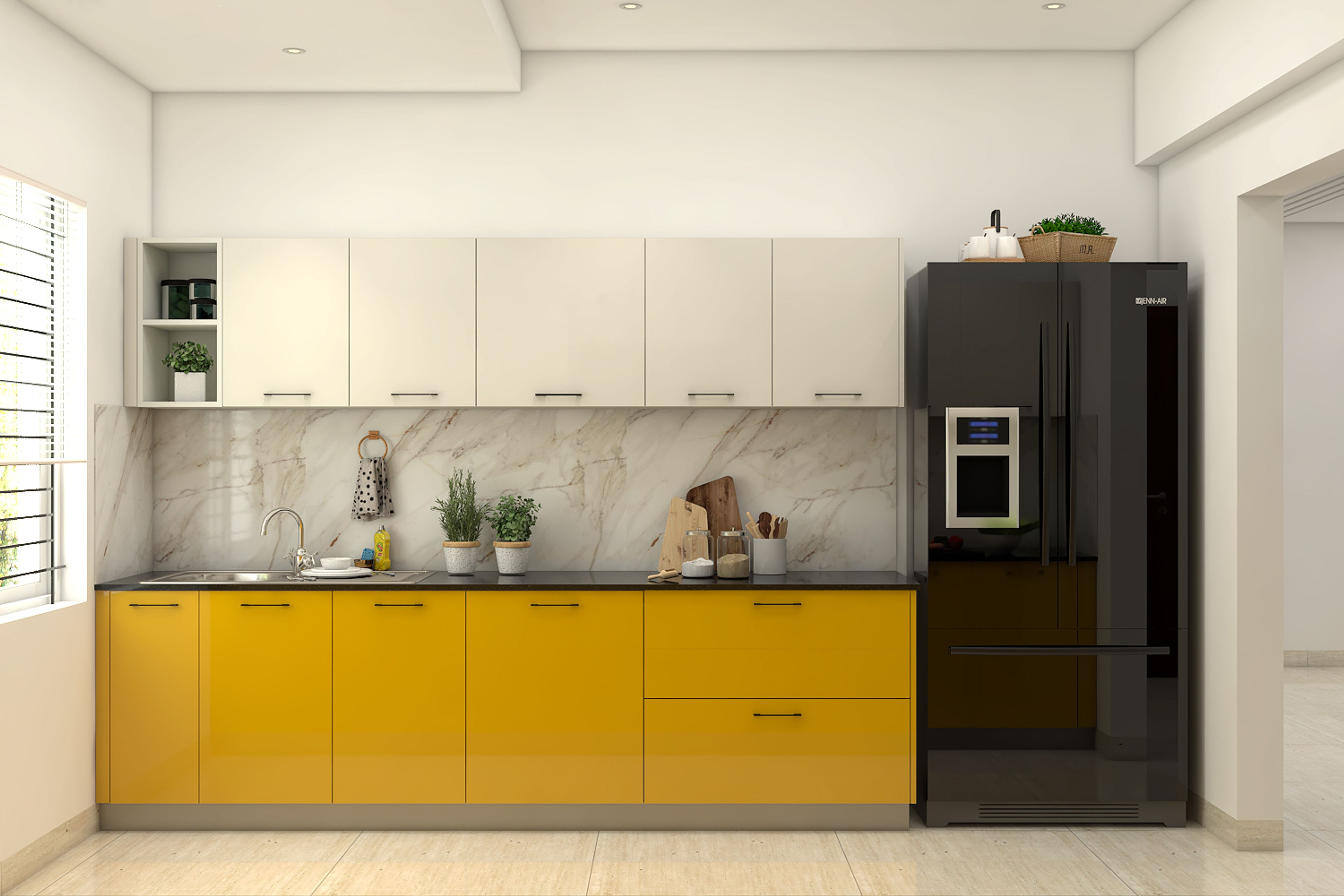 Parallel Kitchen Design with Marrigold Yellow and Champagne Cabinets