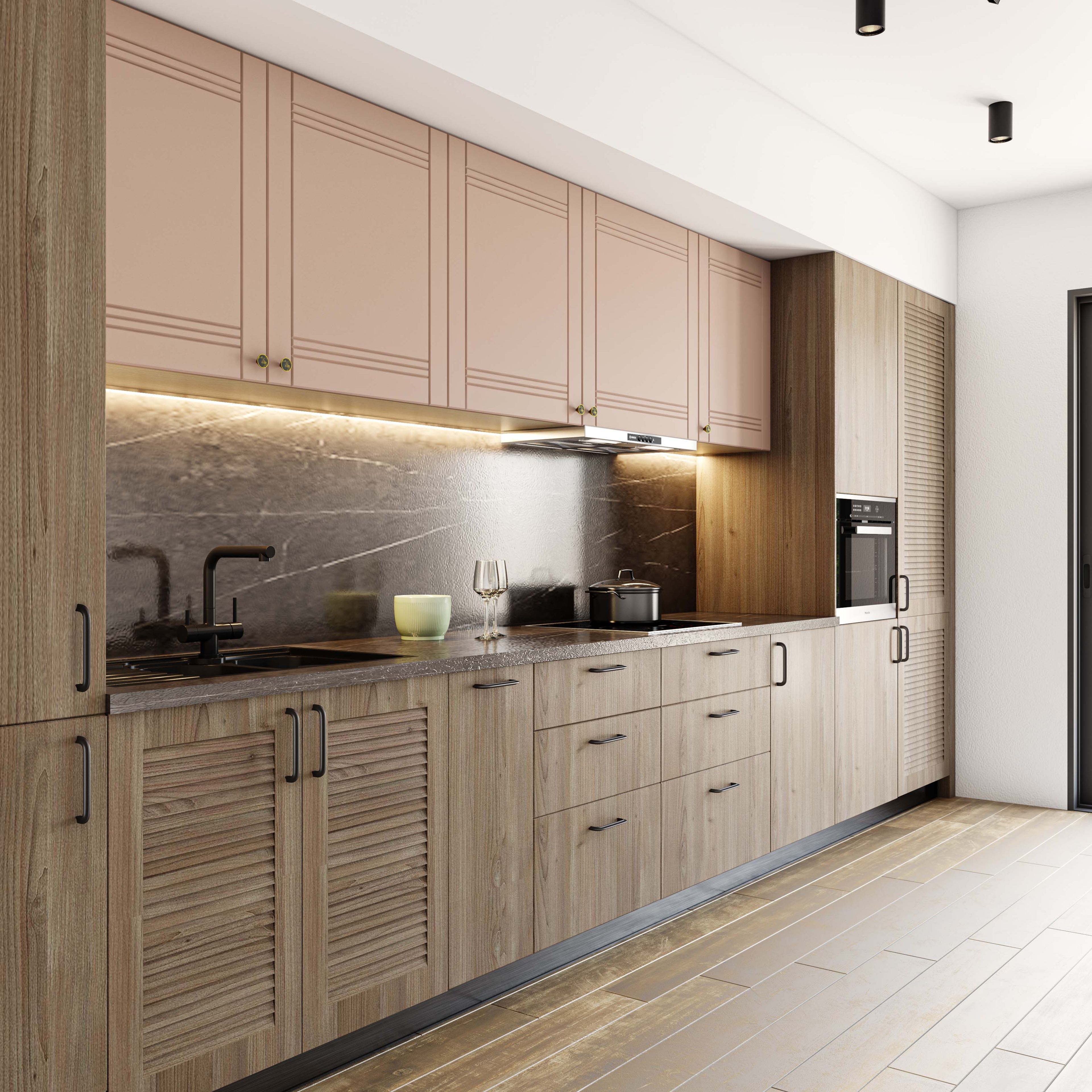 Rustic Open Kitchen Design with Warm Wood and Soft Pink Cabinetry