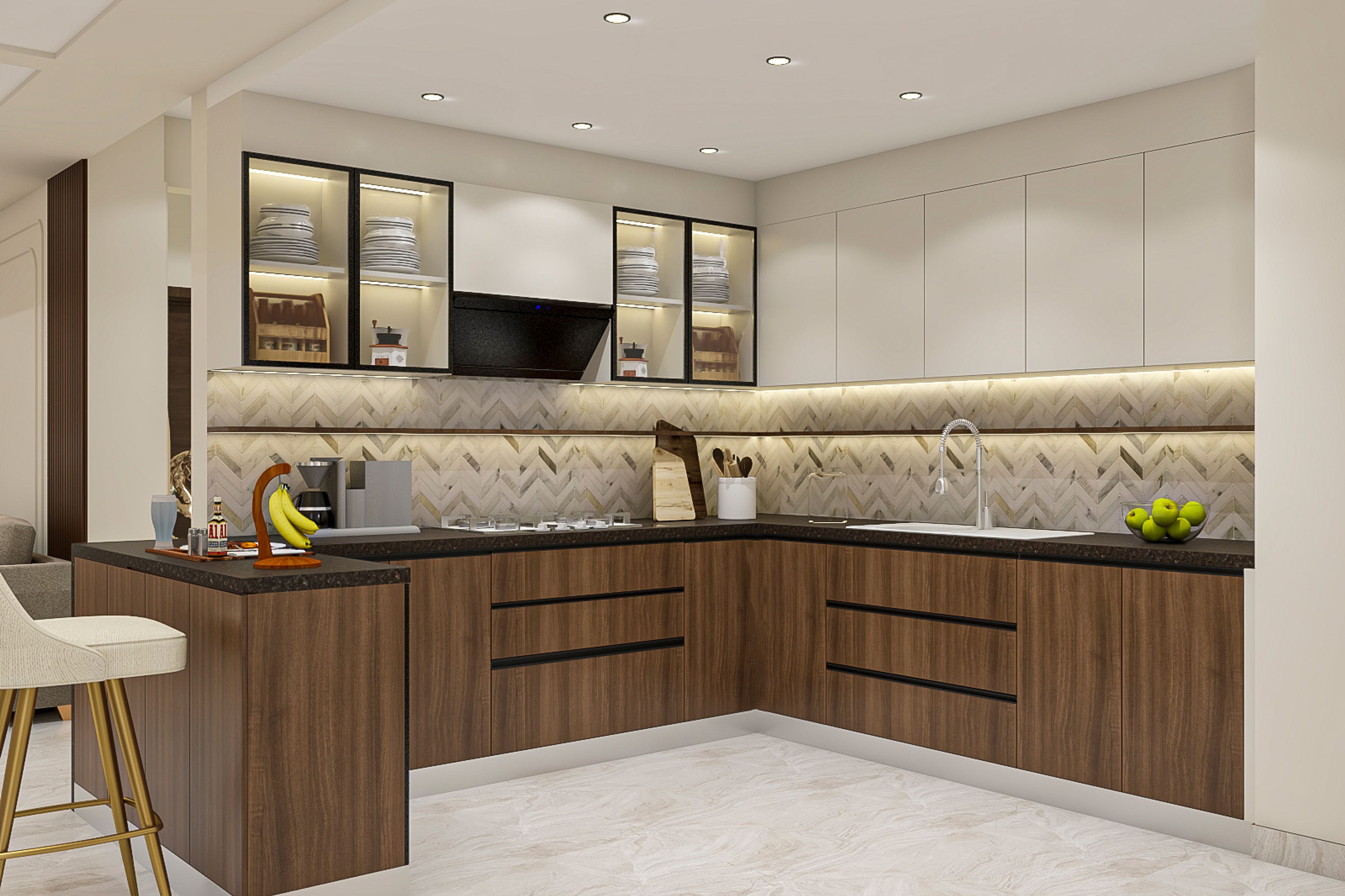 Contemporary U-Shaped Kitchen Design with Warm Wood and Champagne Cabinets