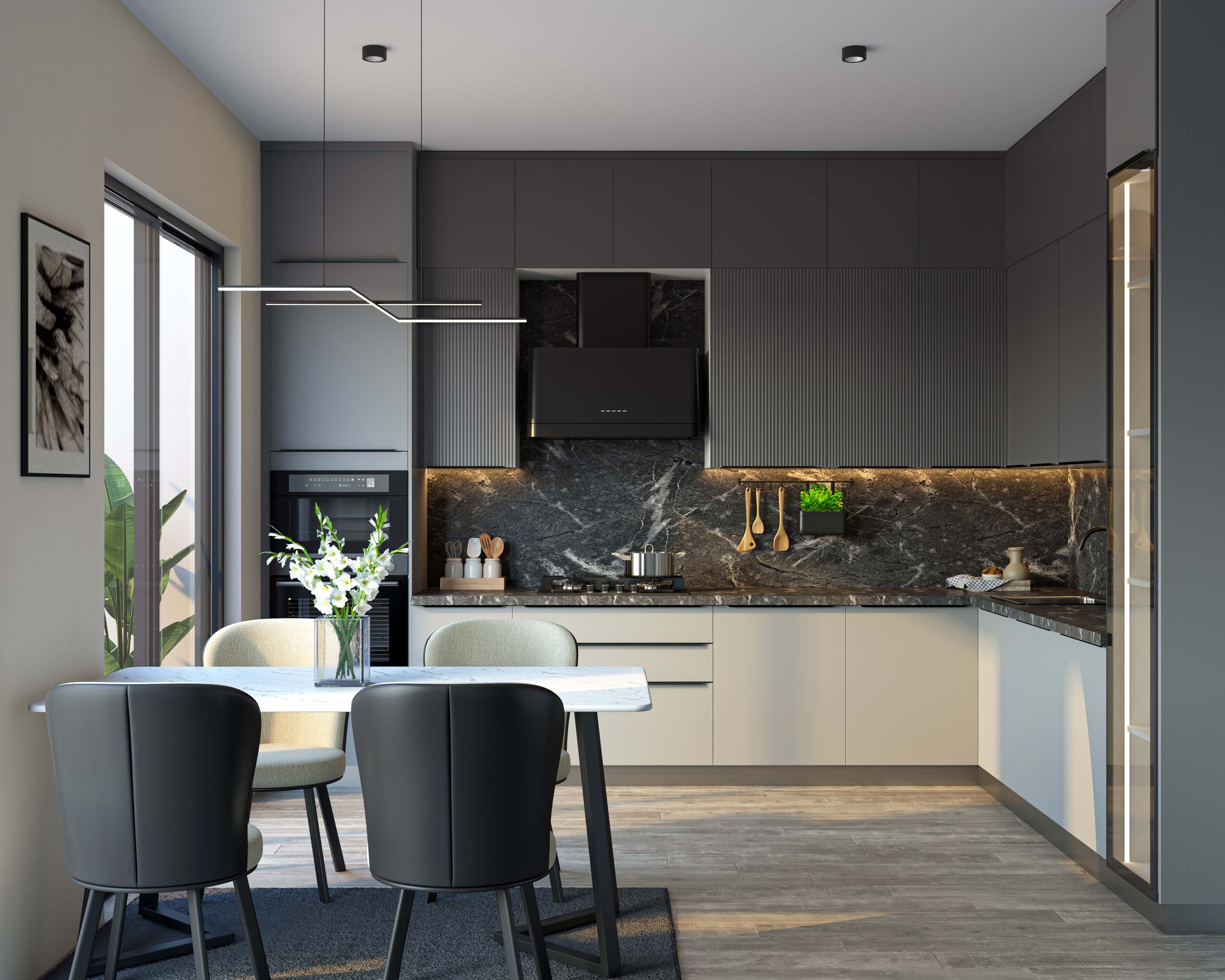 L-Shaped Modern Kitchen Design with Quartz Countertops