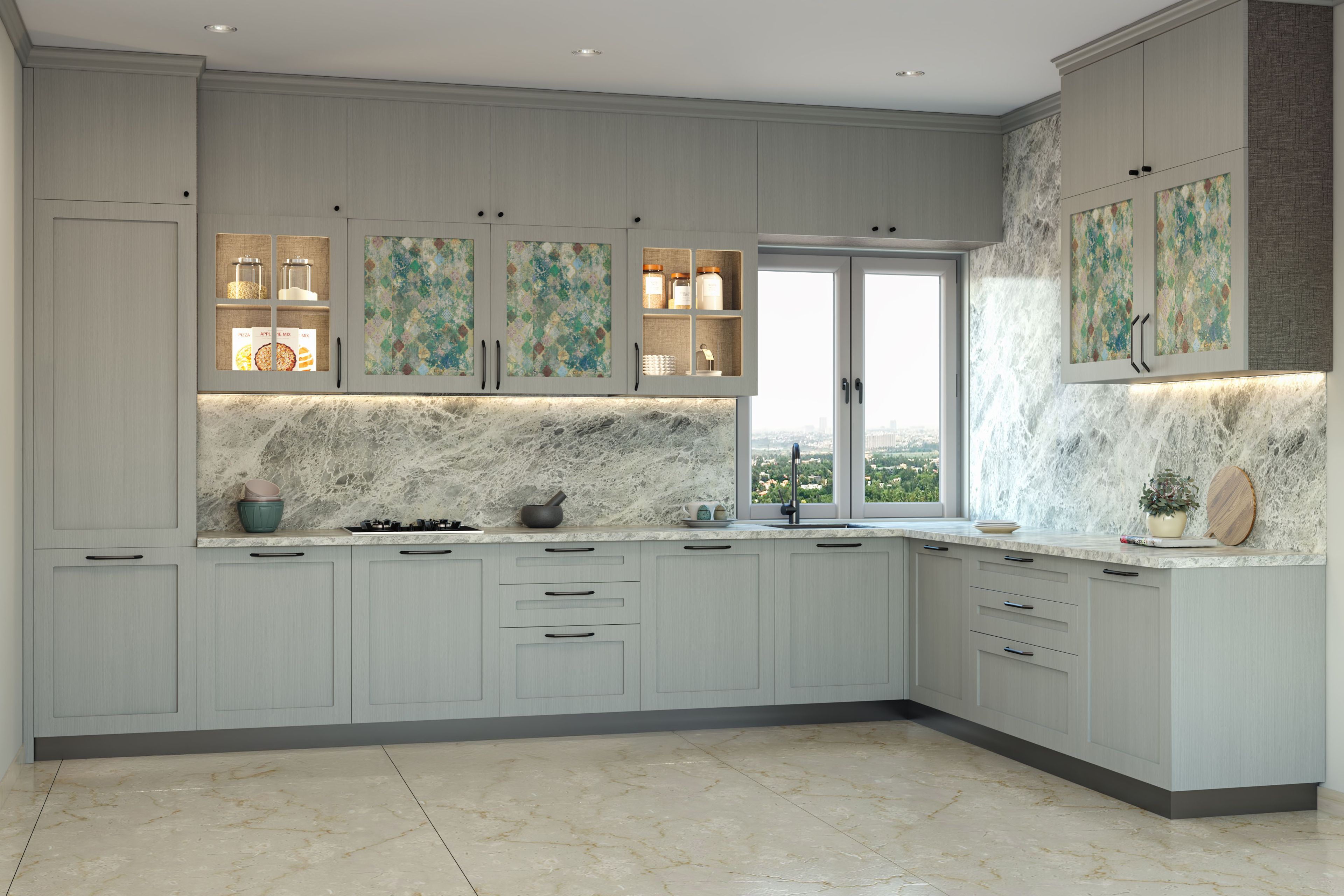 Modern L-Shaped Kitchen Design with Matte Finish Membrane Shutters