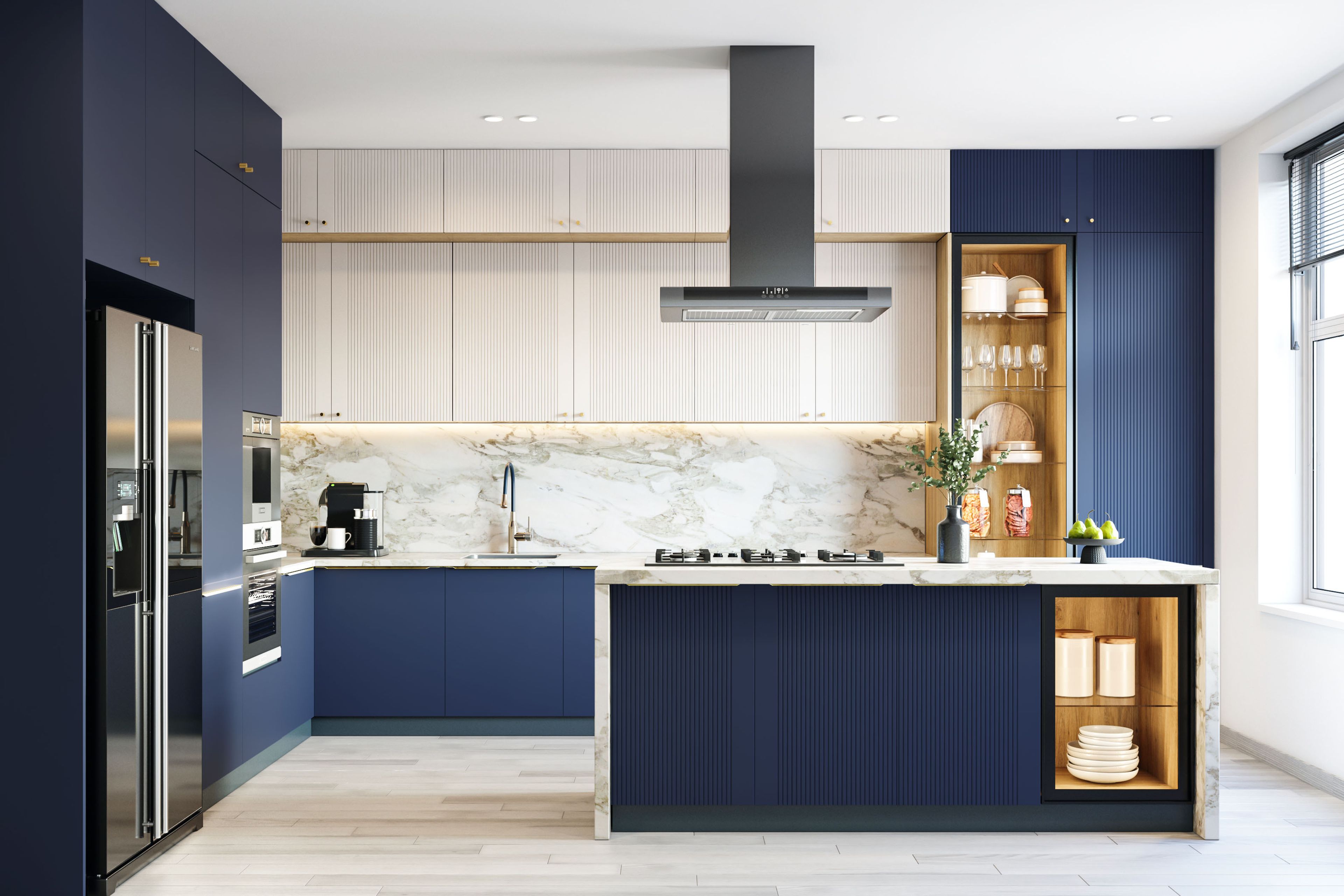 Modern Island Kitchen Design with Suede Finish Fluted Shutters