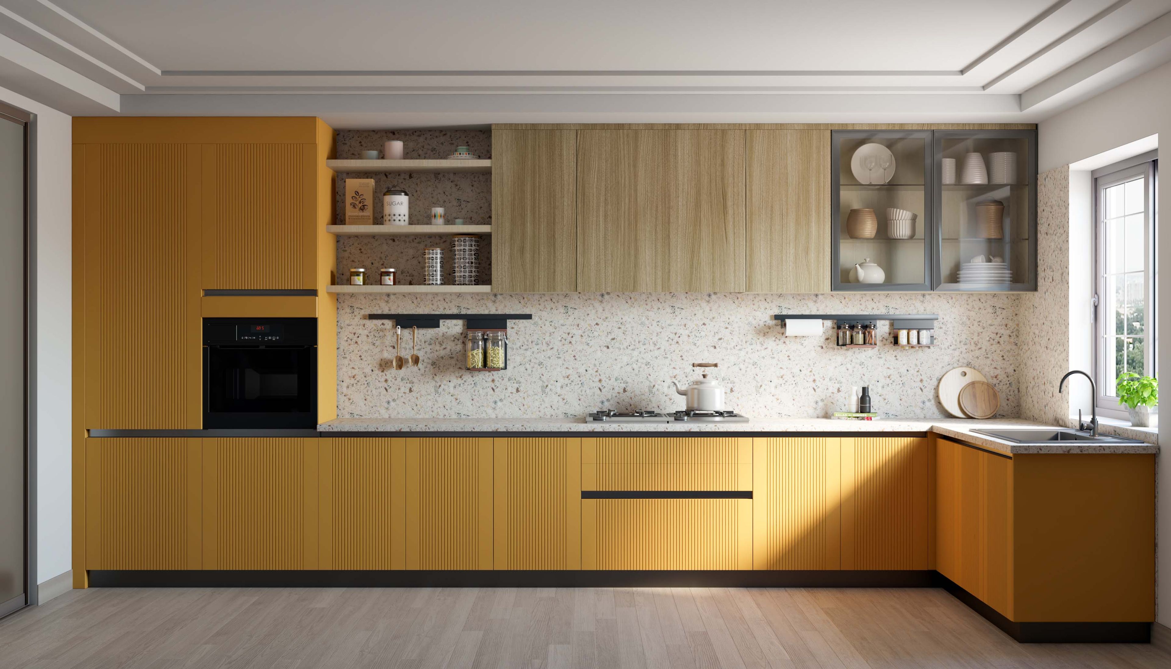 Modern Solar Yellow L-Shaped Kitchen Design with Quartz Countertop