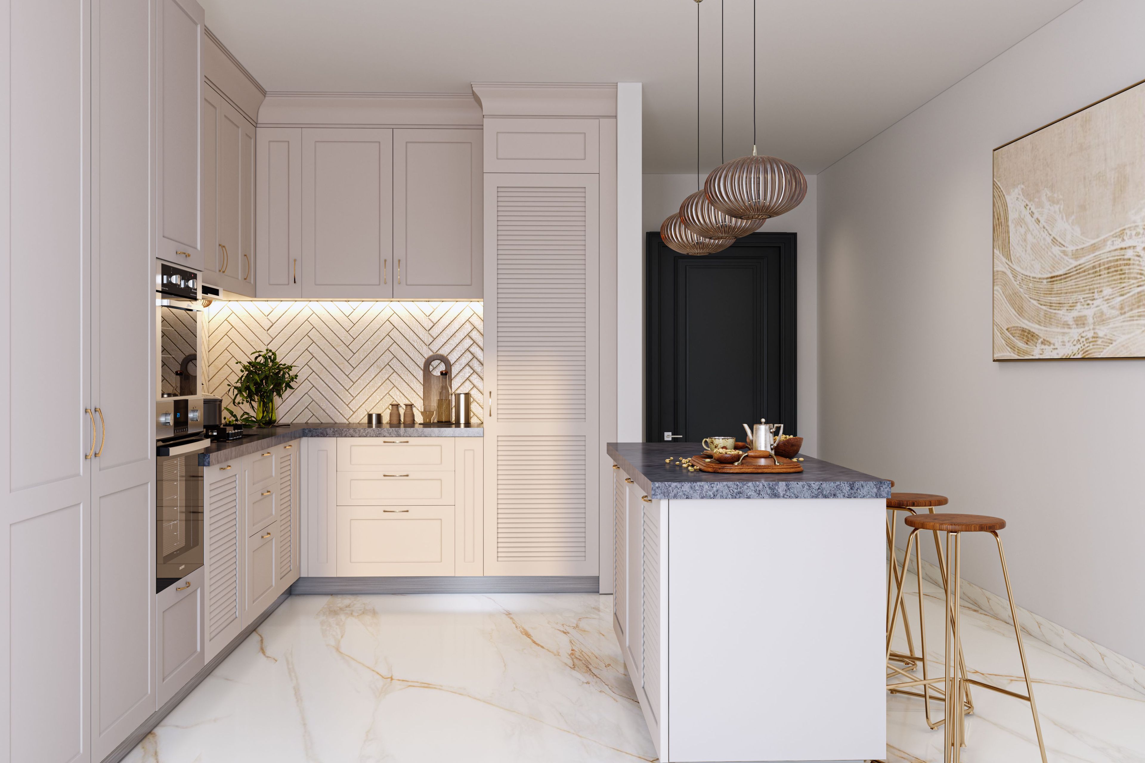 Classic Island Kitchen Design with Pomelia Cabinets and Quartz Countertops
