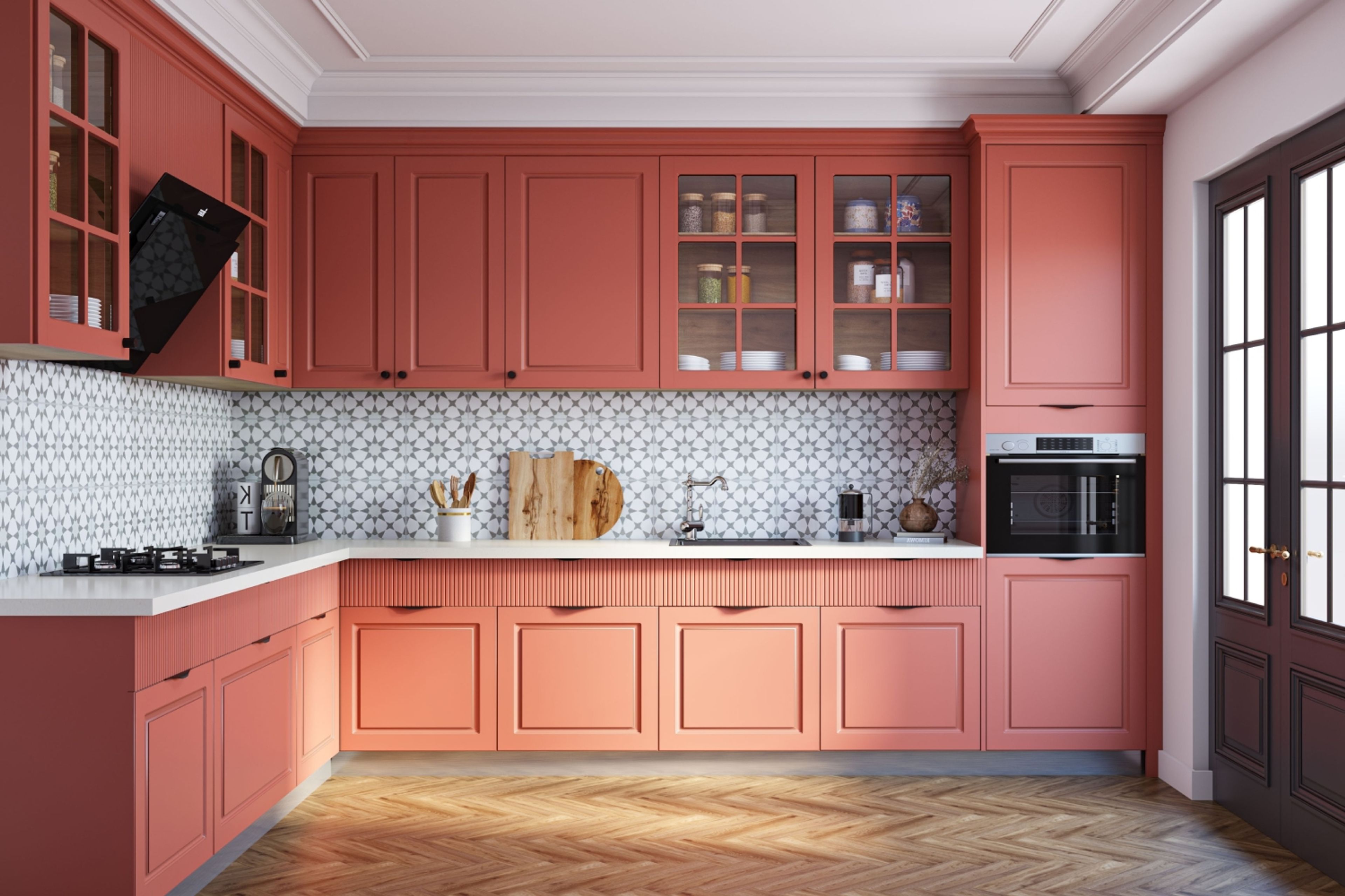 L-Shaped Contemporary Kitchen Design with Antique Pink Cabinets