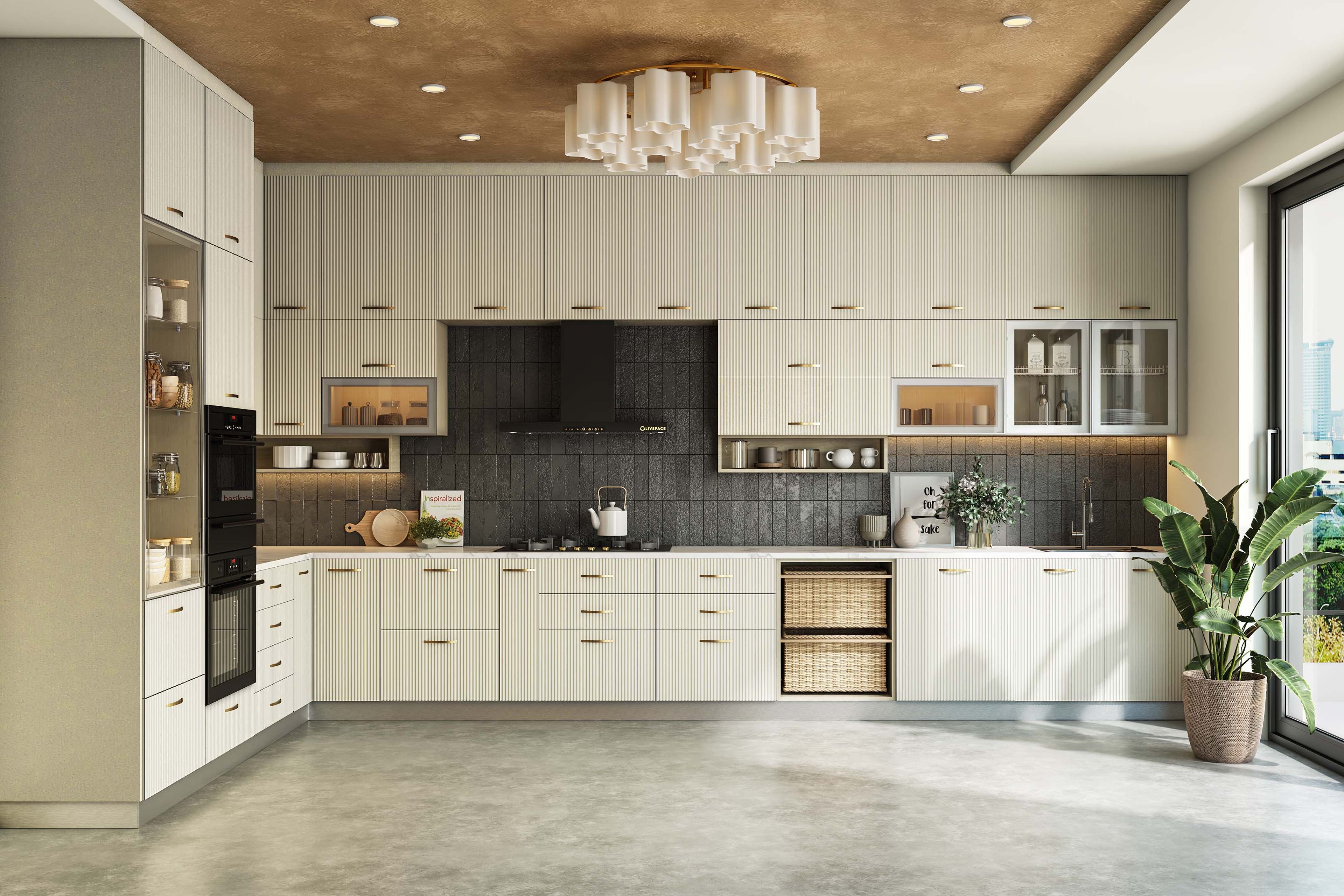 L-Shaped Kitchen Design with Beige Texture Units