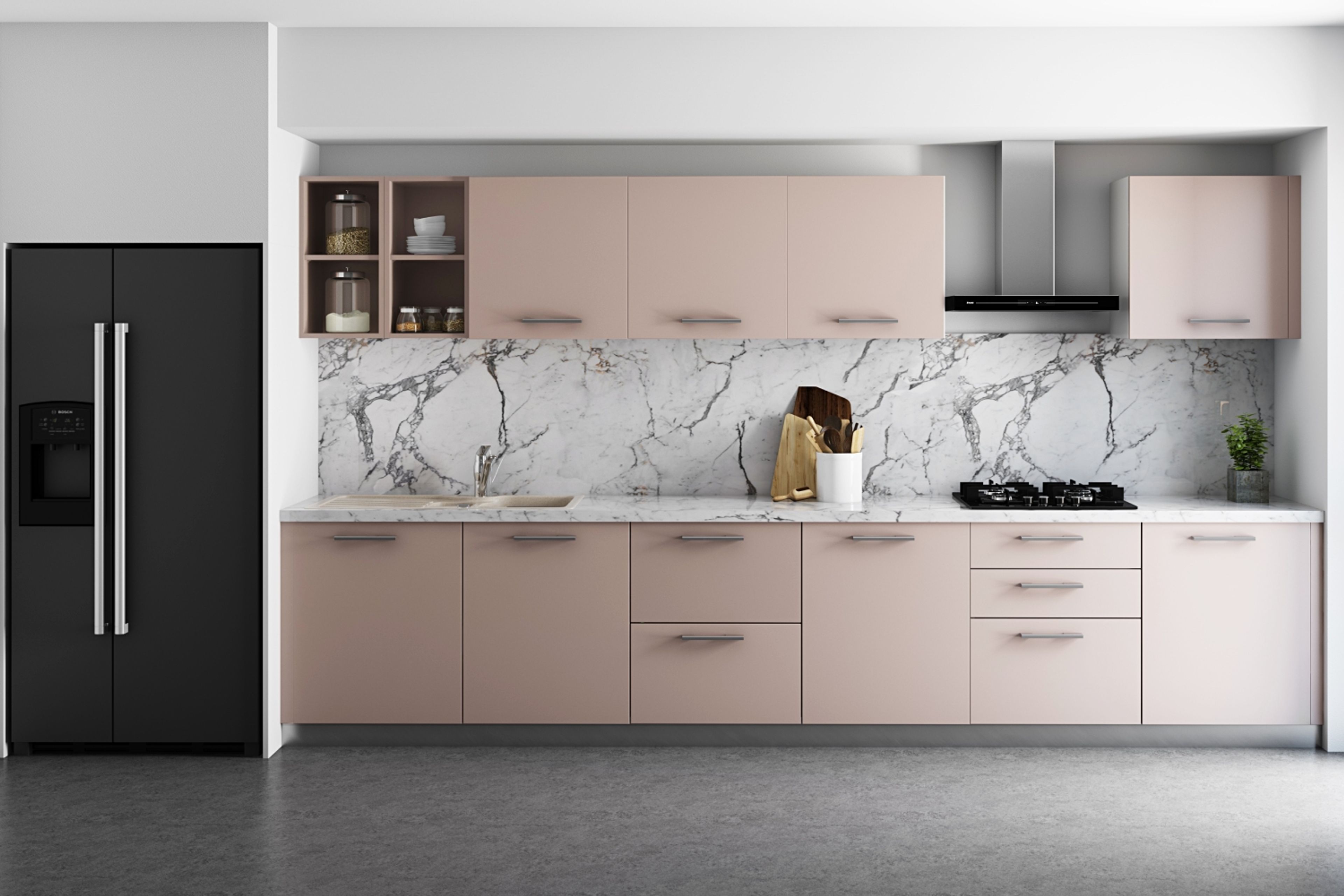 Minimal Straight Kitchen Design in Rose Granium with Quartz Countertops