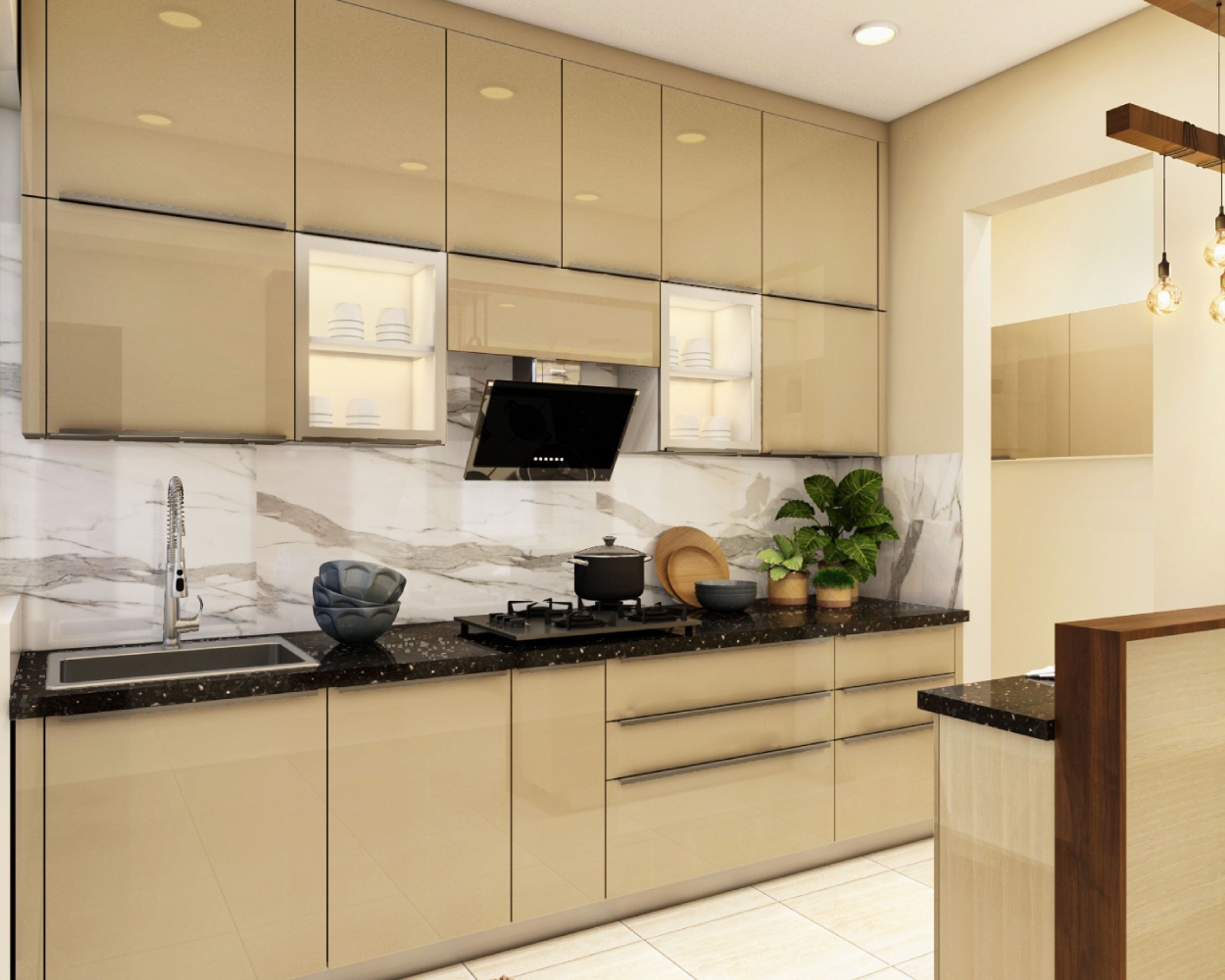 Modern Cream Parallel Kitchen Design with High-Gloss Cabinets
