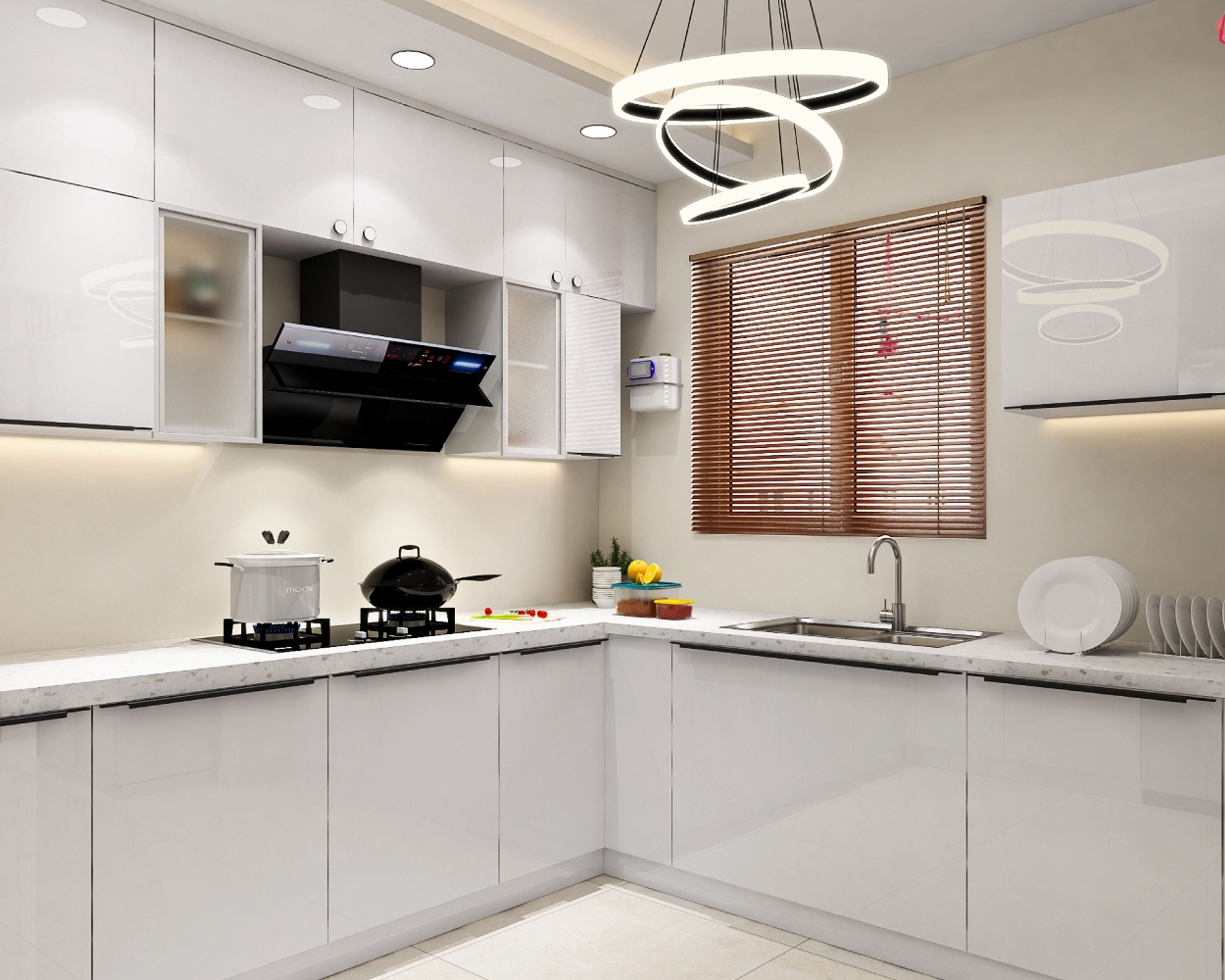 Modern U-Shaped Kitchen Design with White Glossy Cabinets
