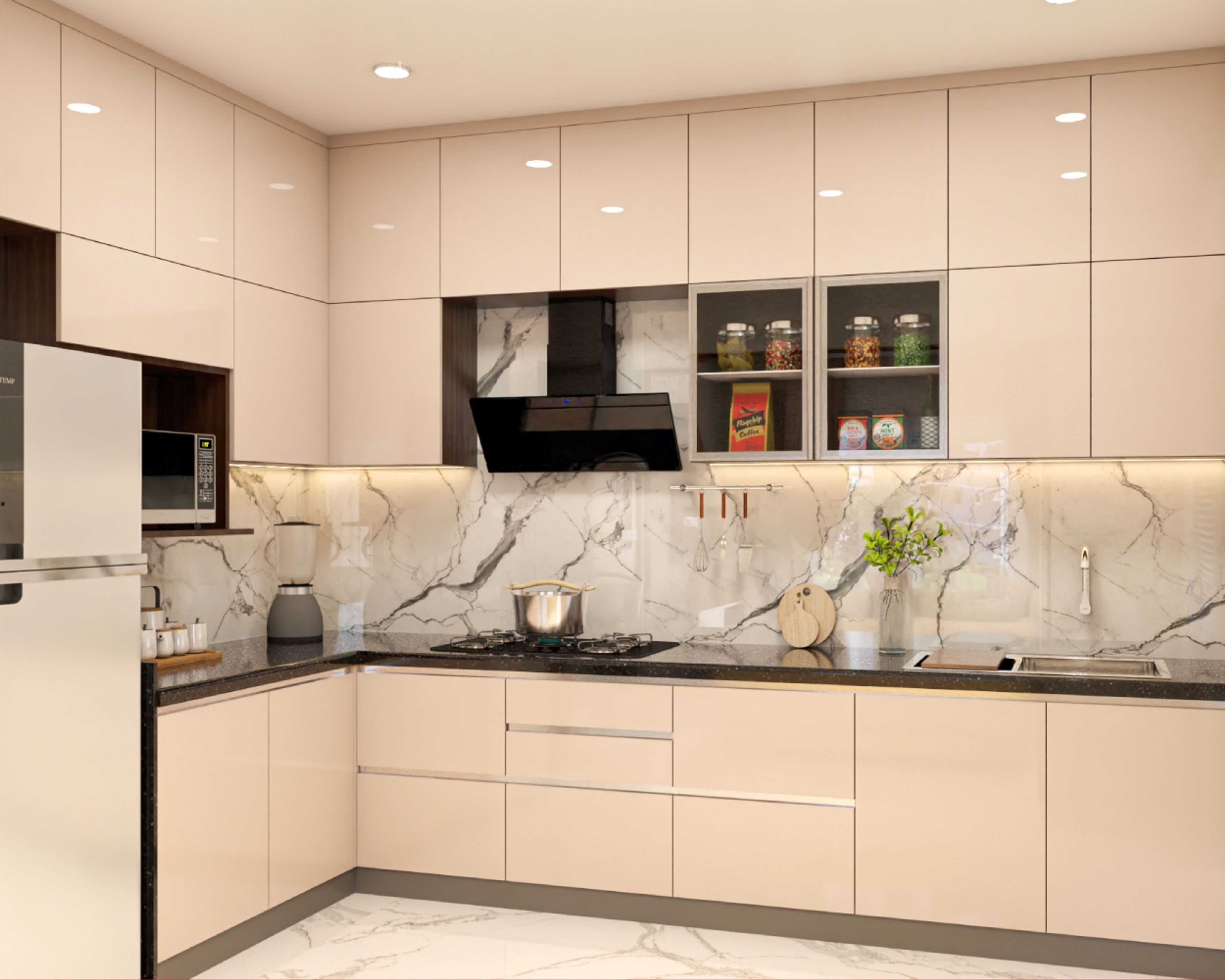 Sand Satin Contemporary L-Shaped Kitchen Design with Glossy Cabinets