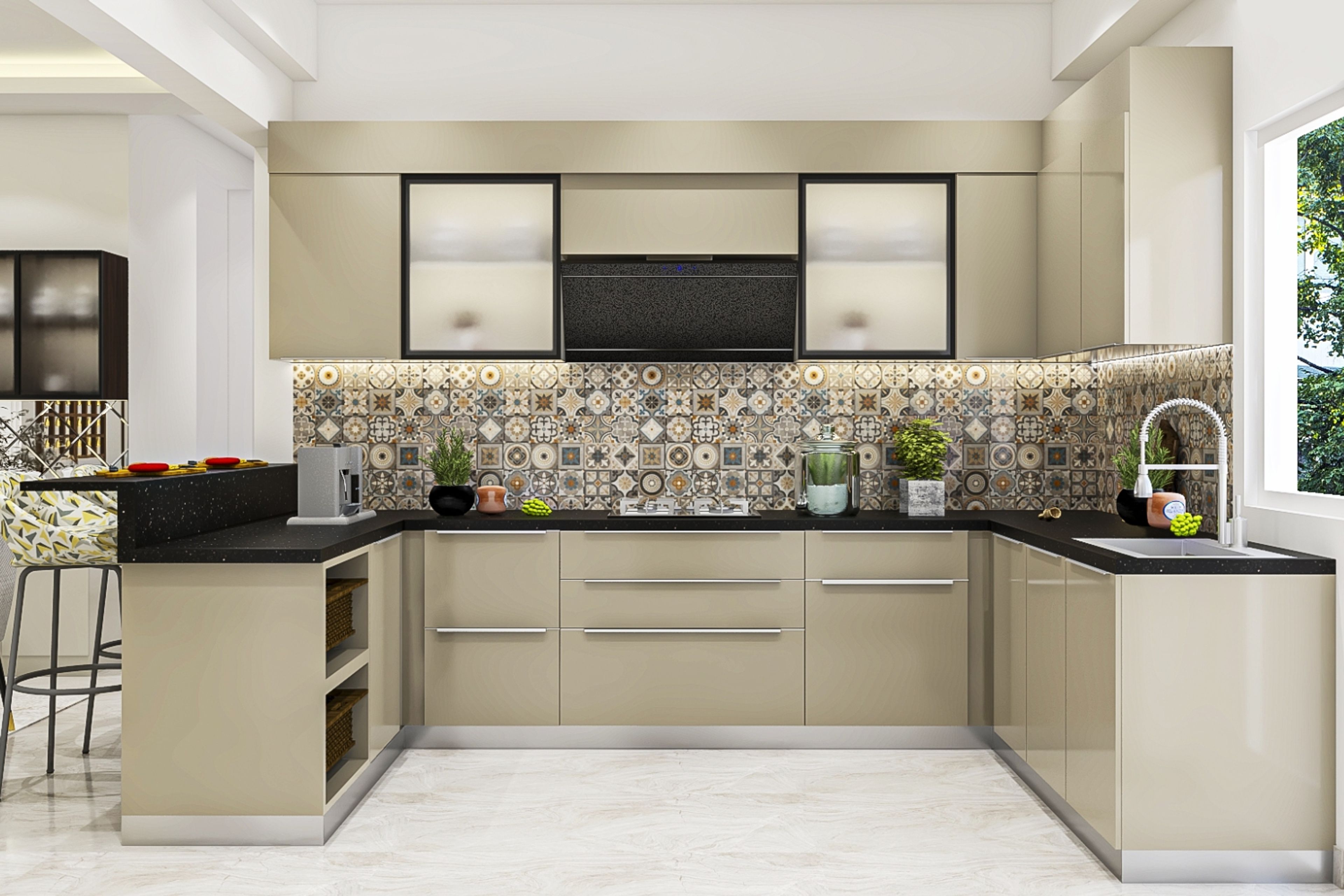 Modern Irish Cream U-Shaped Kitchen Design with Glossy Finish