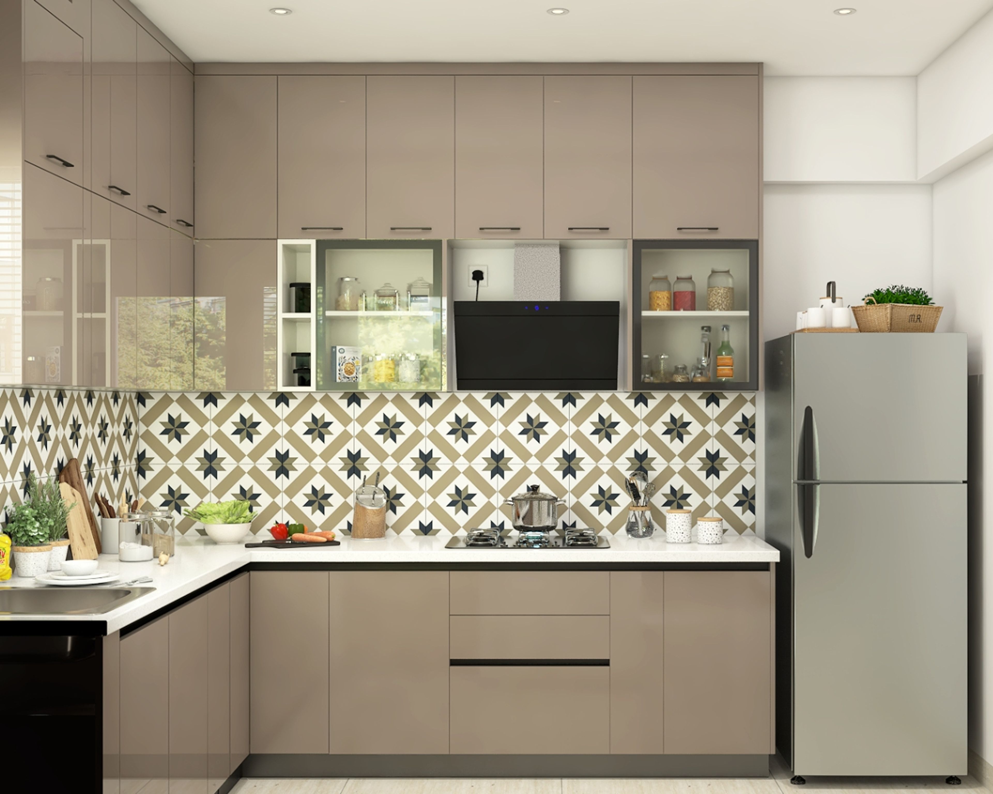 L-Shaped Cappuccino Kitchen Design with High Gloss Laminate Finish