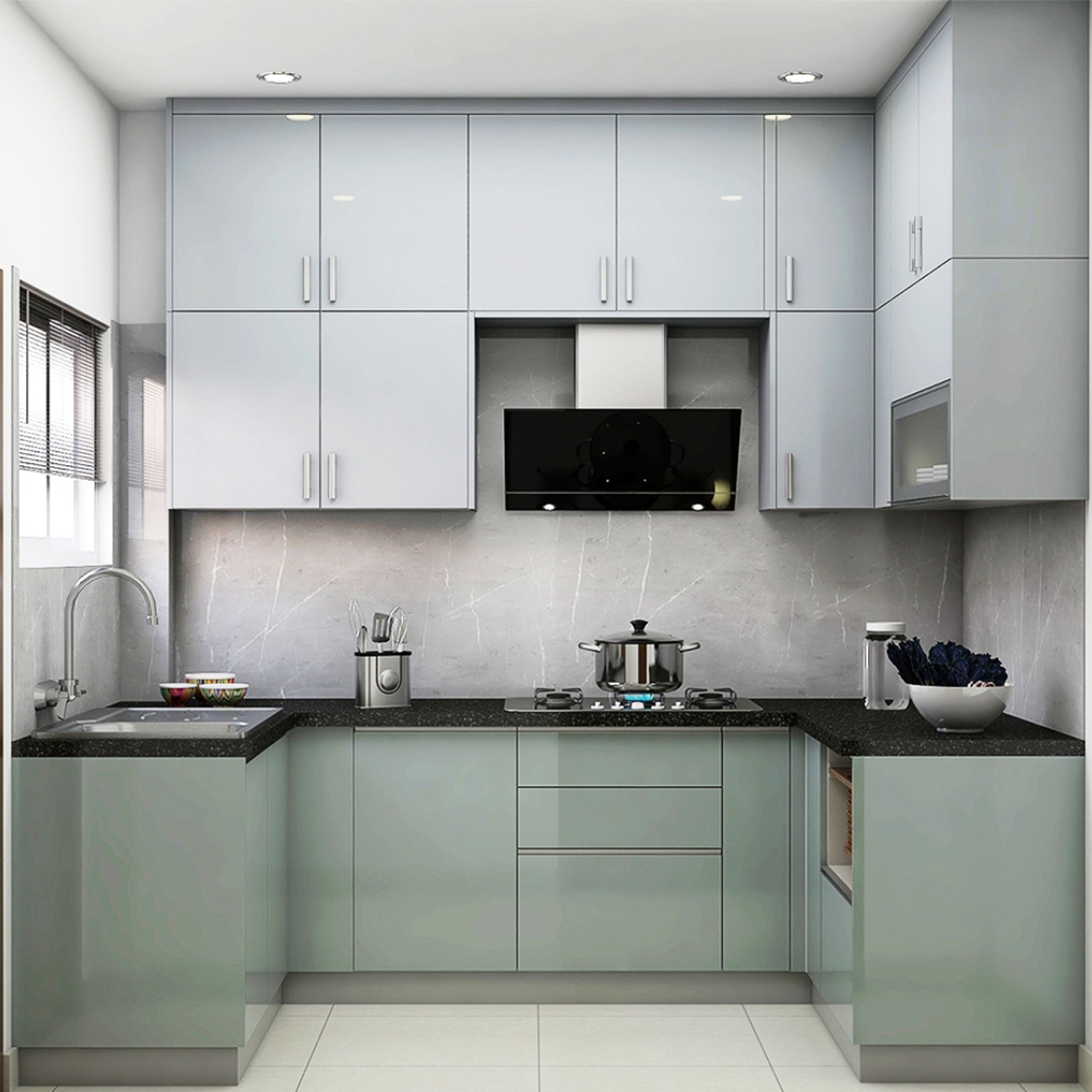 Modern U-Shaped Kitchen Design in Metallic Blue and Smoke Grey