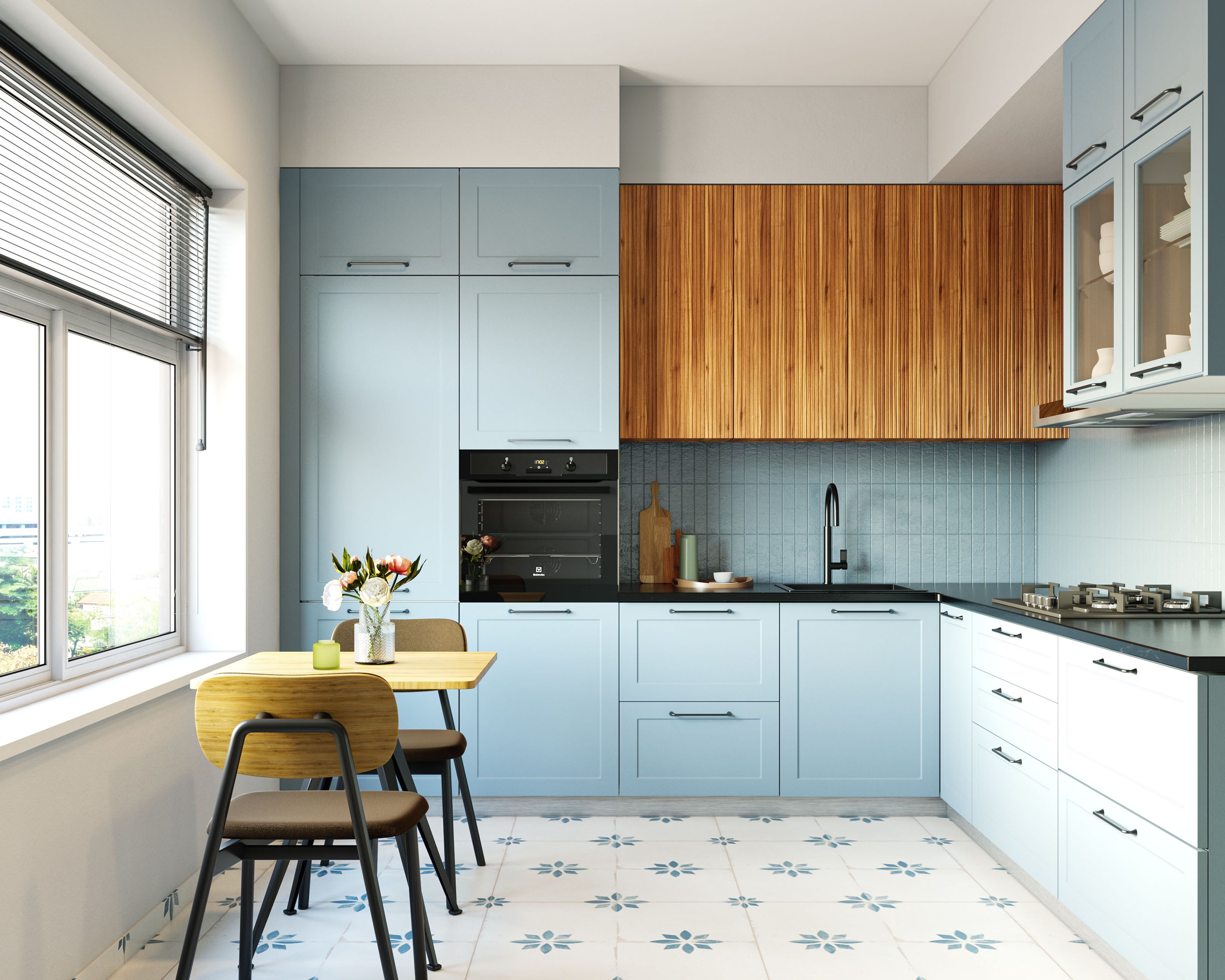 Modern L-Shaped Kitchen Design in Denim and Wood Finish