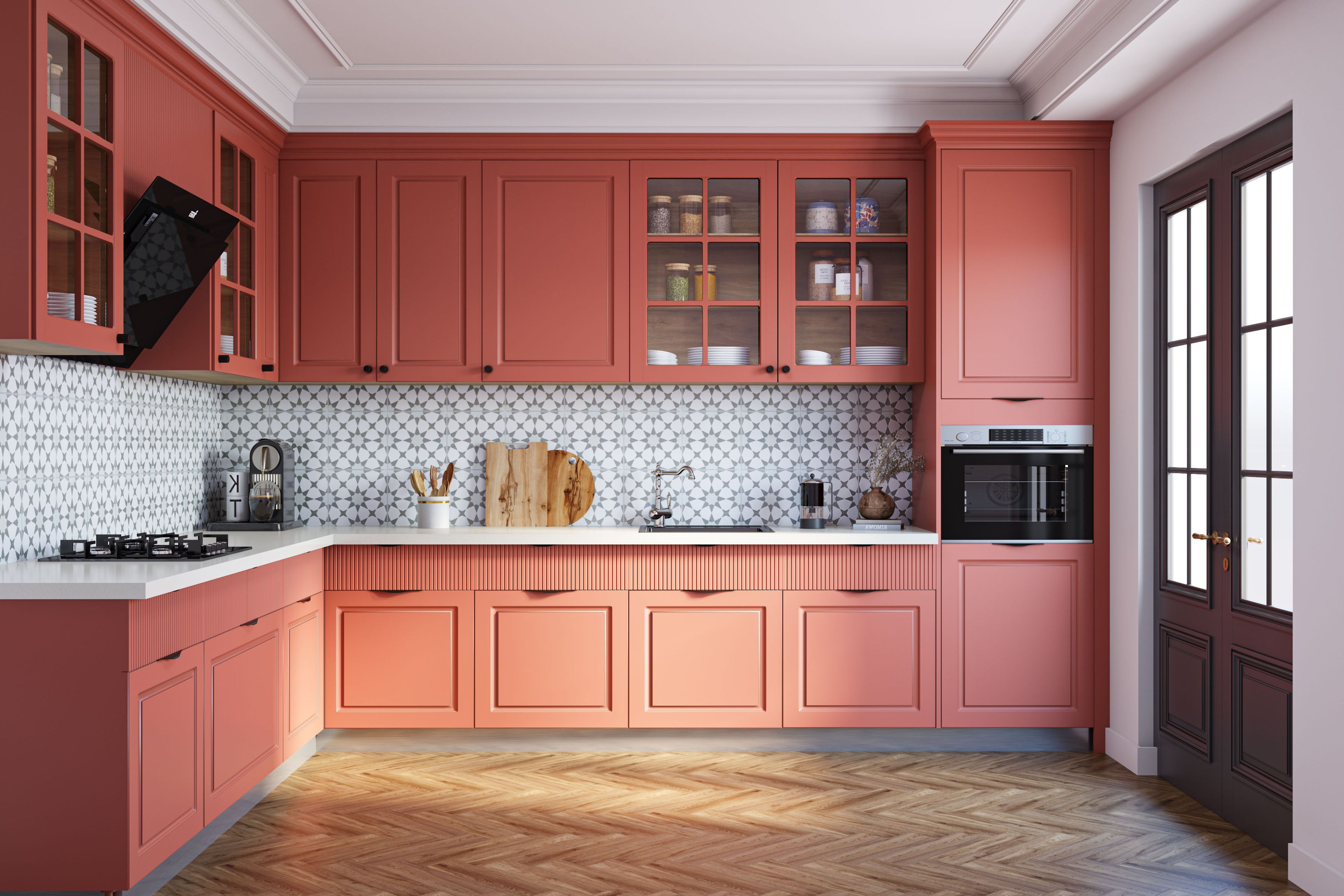 Contemporary L-Shaped Kitchen Design with Coral Cabinets