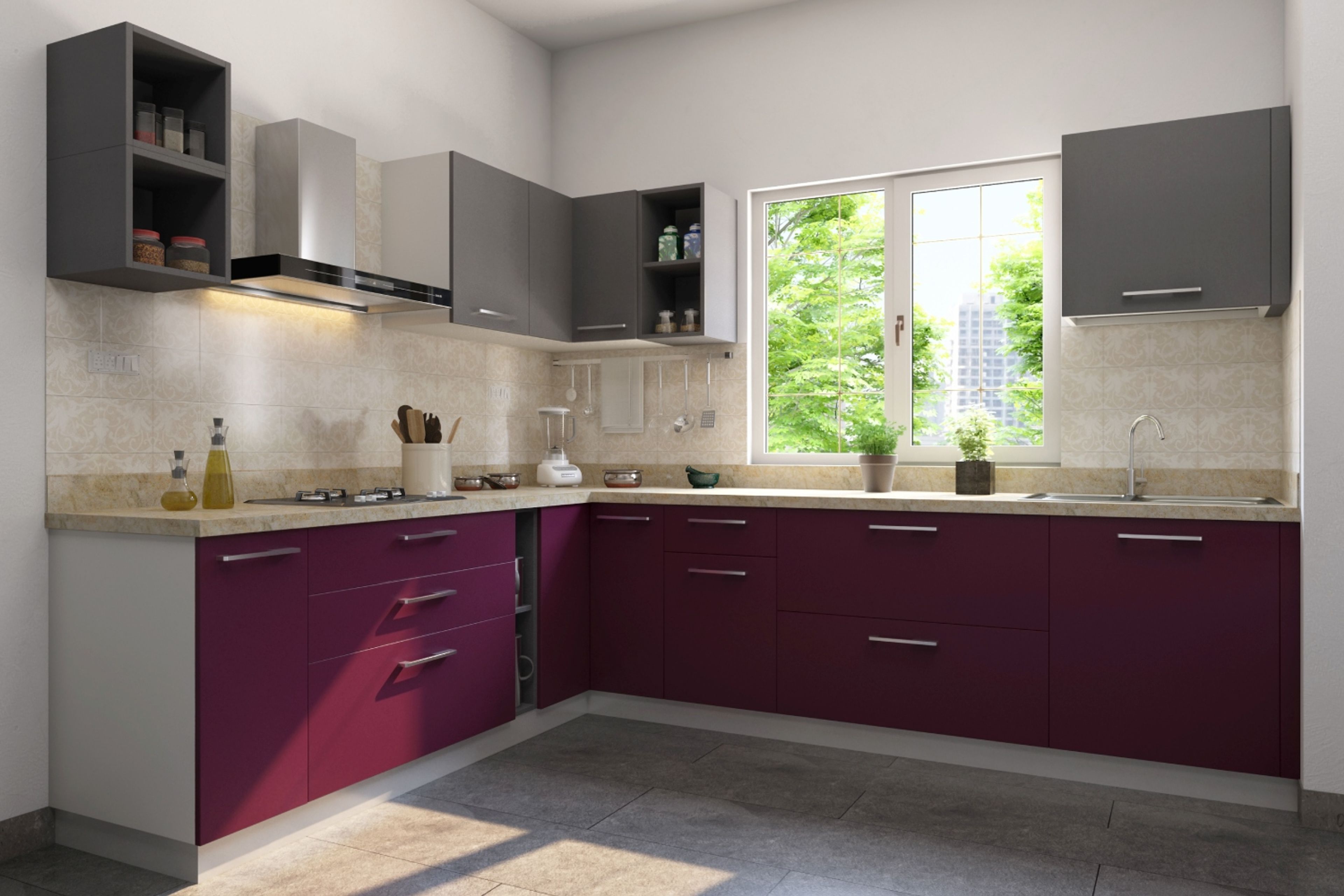 Contemporary L-Shaped Kitchen Design with Black Currant and Slate Finish