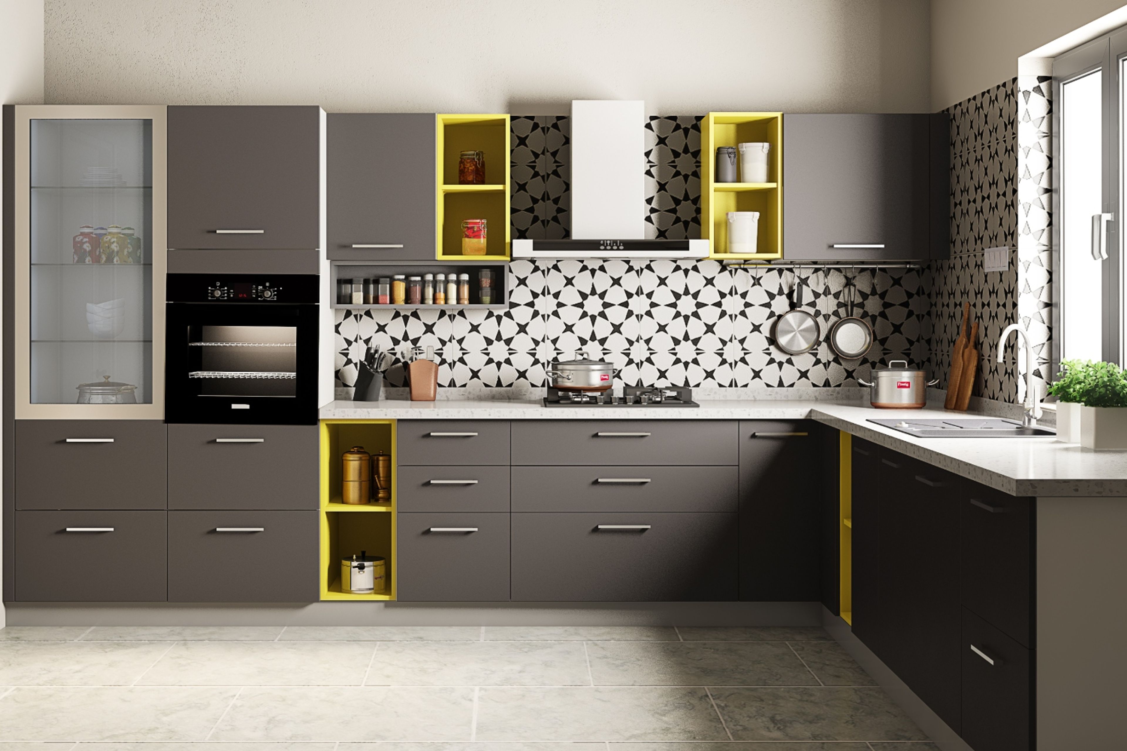 Contemporary L-Shaped Kitchen Design with Slate and Yellow Accents