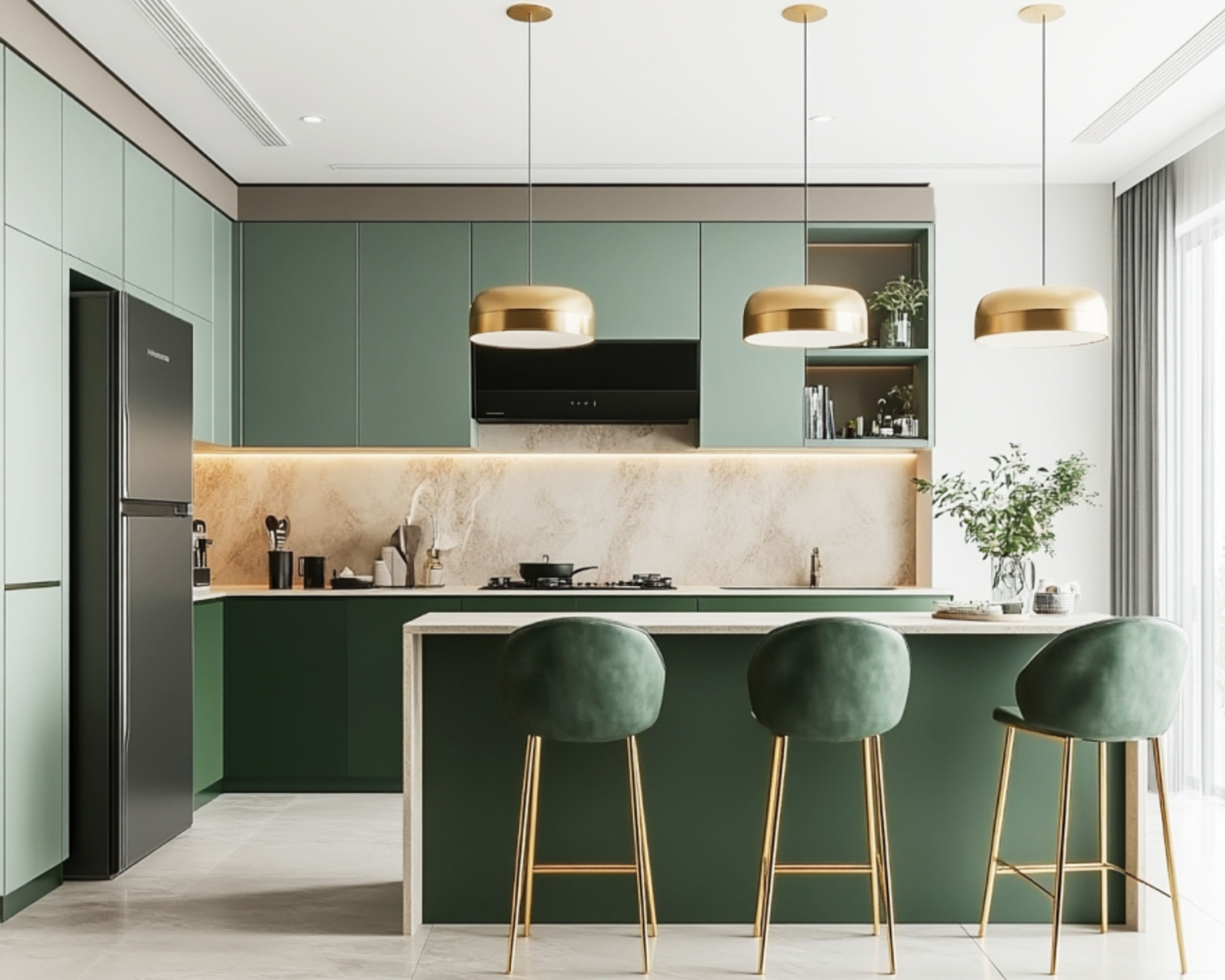 Open Kitchen Design with Emerald Cabinets and Marble Countertop