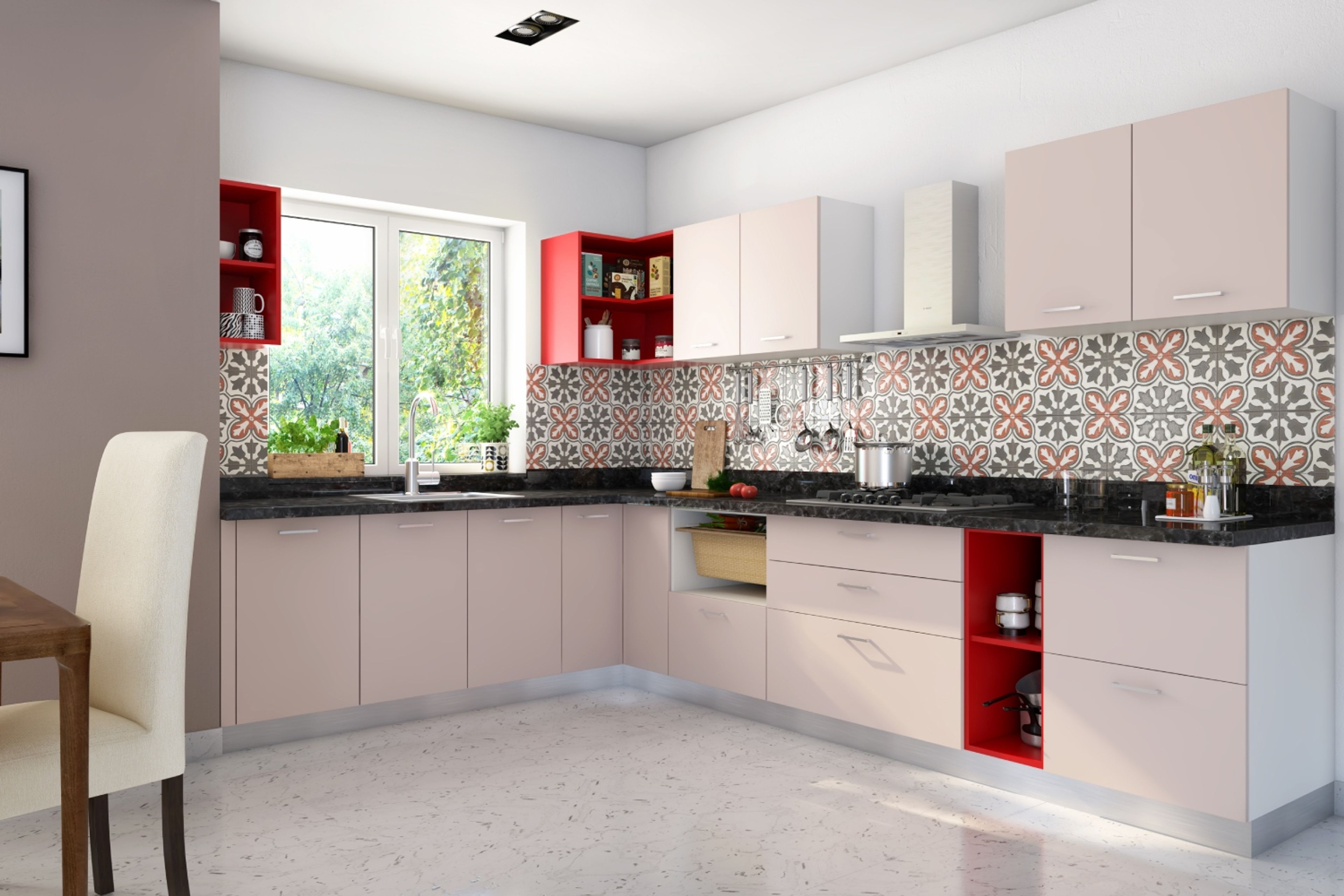 Contemporary L-Shaped Kitchen Design with Rose and White Finish