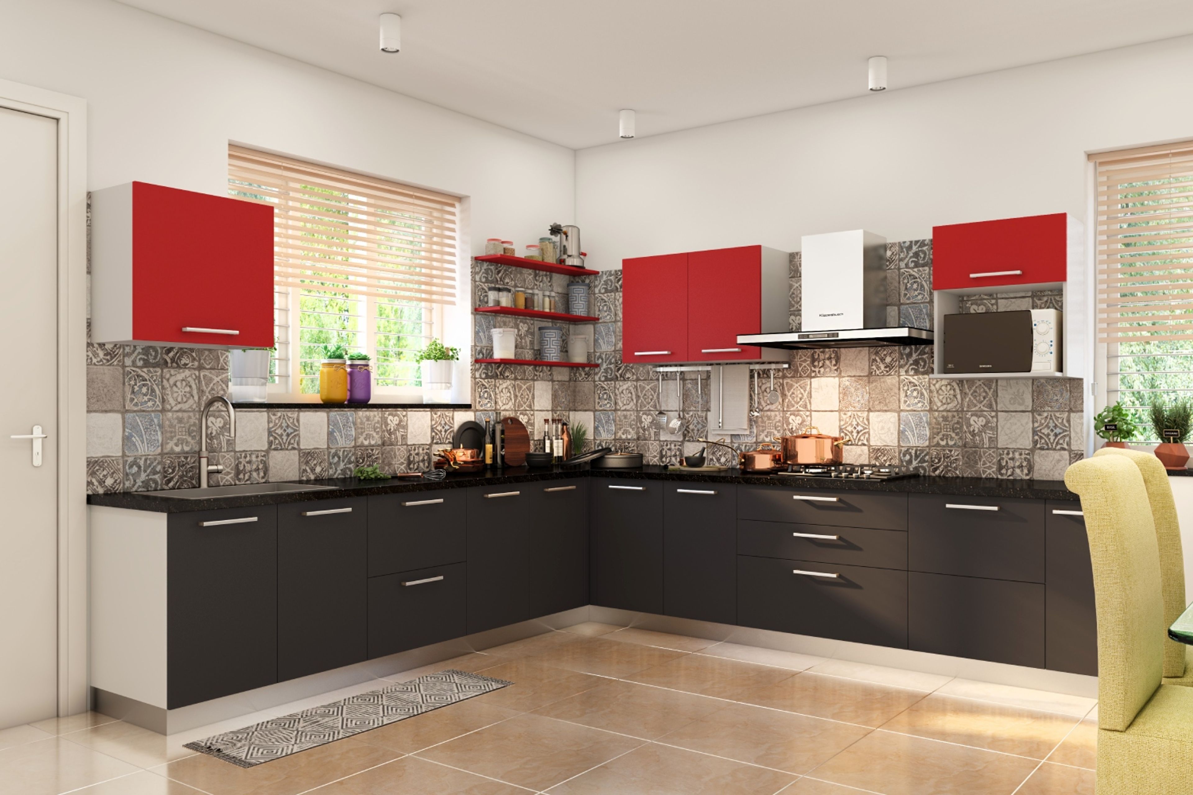 Modern L-Shaped Kitchen Design with Red and Slate Finish
