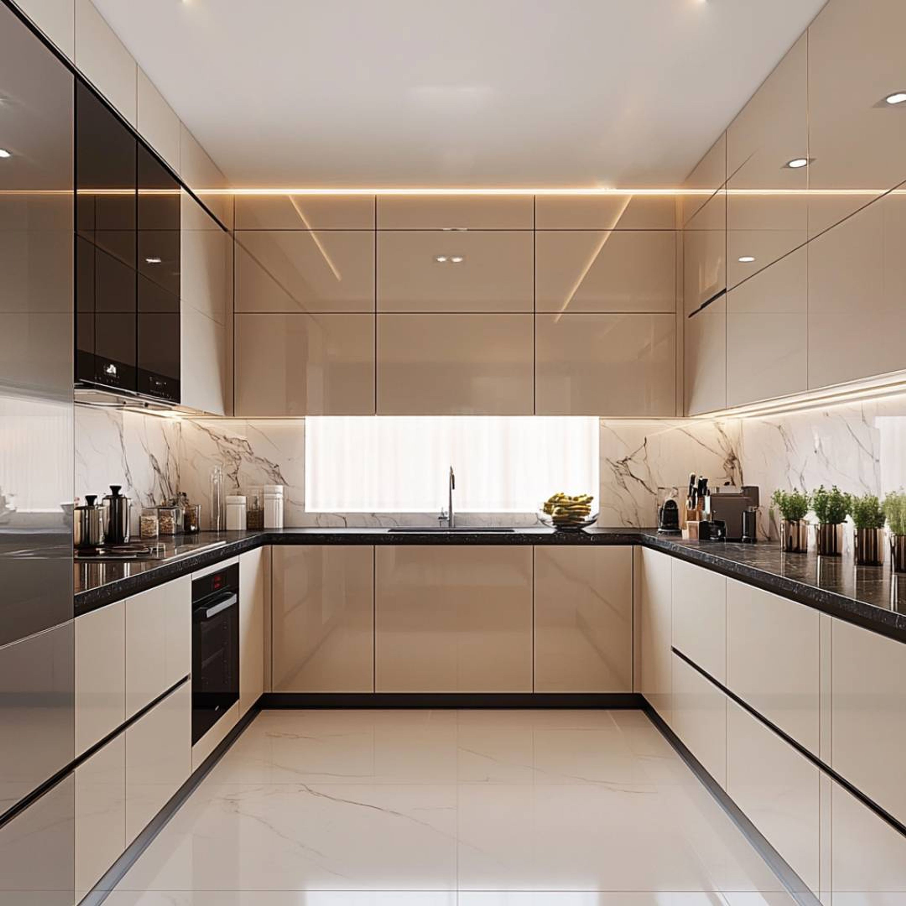 Modern U-Shaped Cream Kitchen Design with High Gloss Finish Cabinets