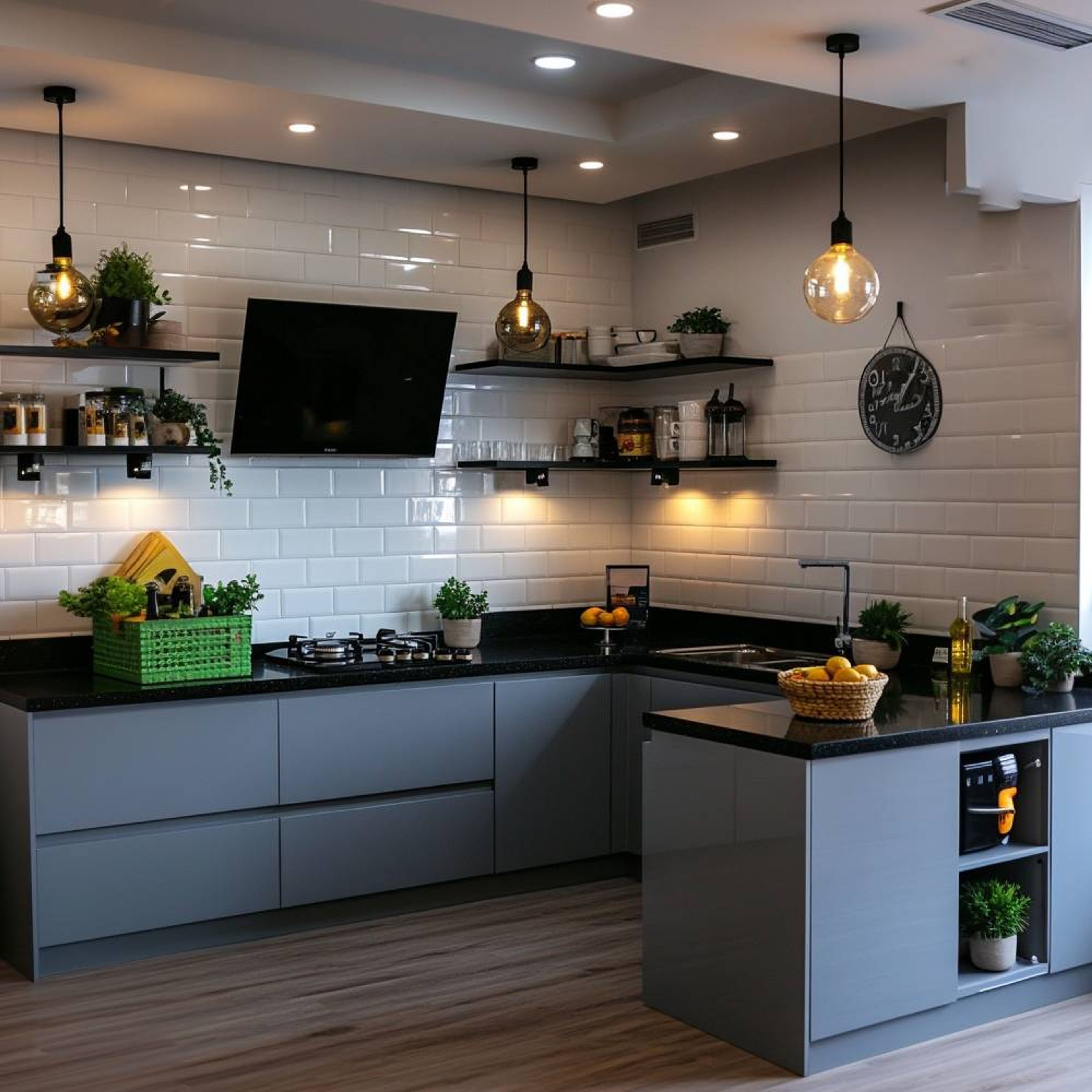Contemporary U-Shaped Kitchen Design with Shore and Slate Units