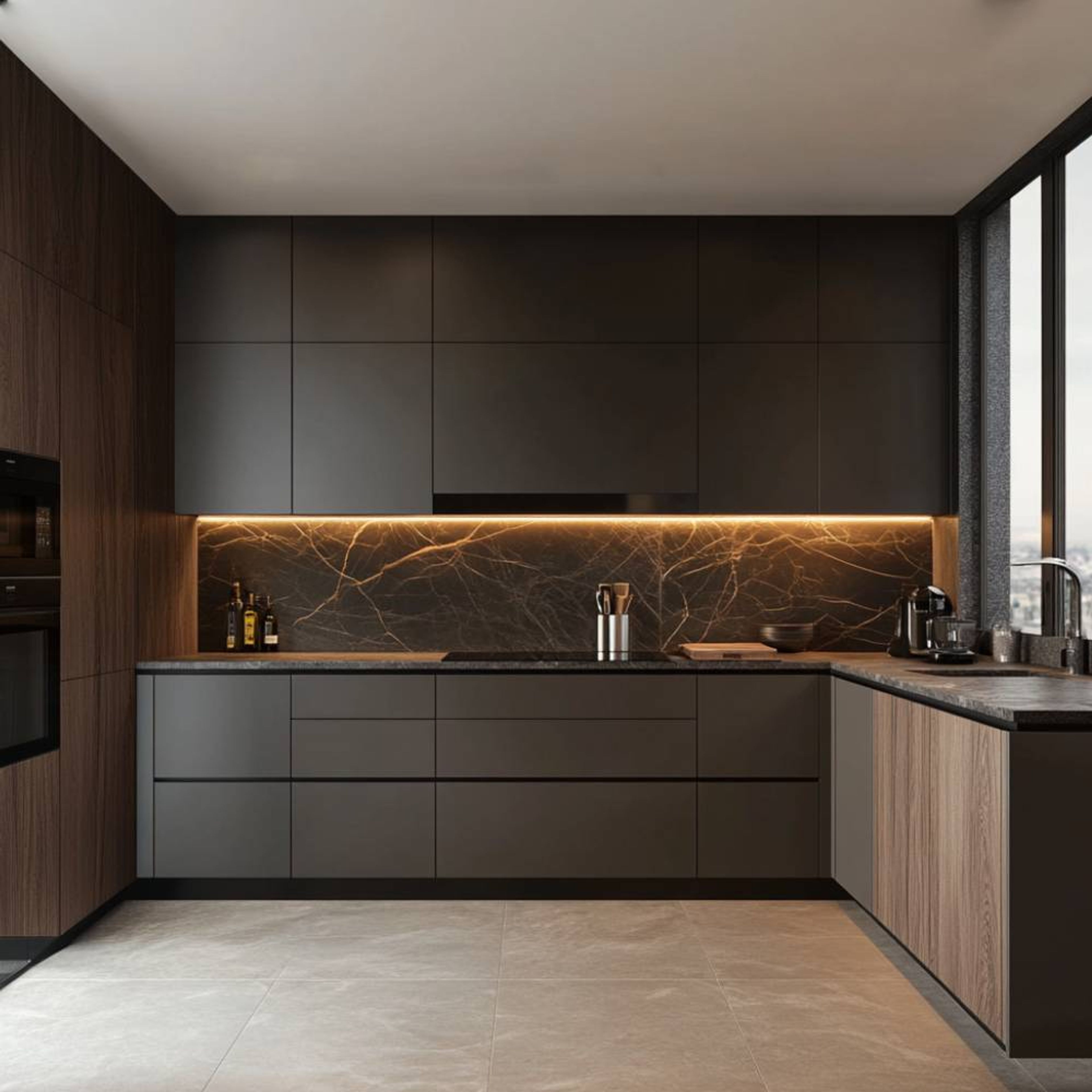 Contemporary L-Shaped Kitchen Design with Grey and Tawny Balsam Finish