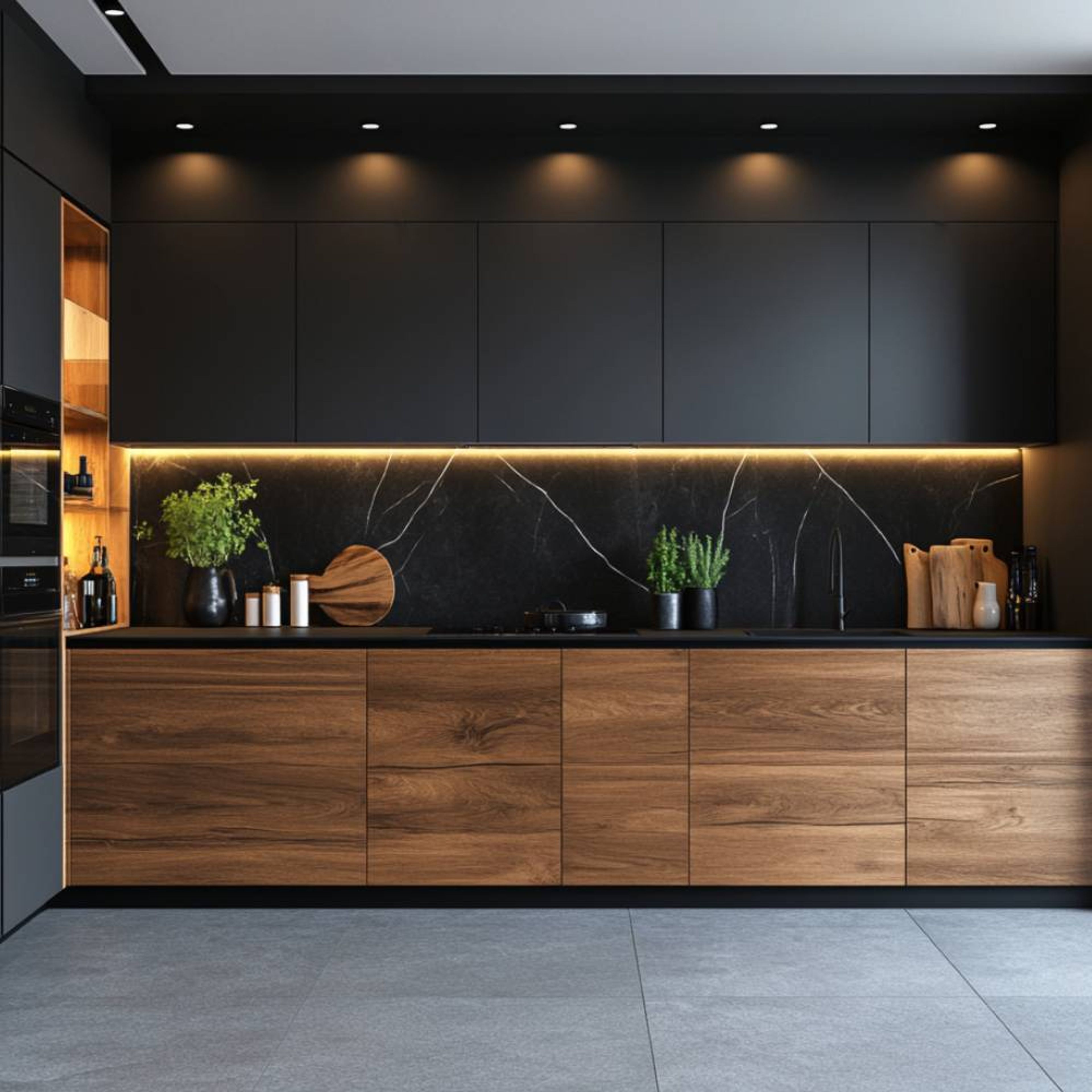 Rustic L-Shaped Kitchen Design with Jet Black Granite and Wooden Accents