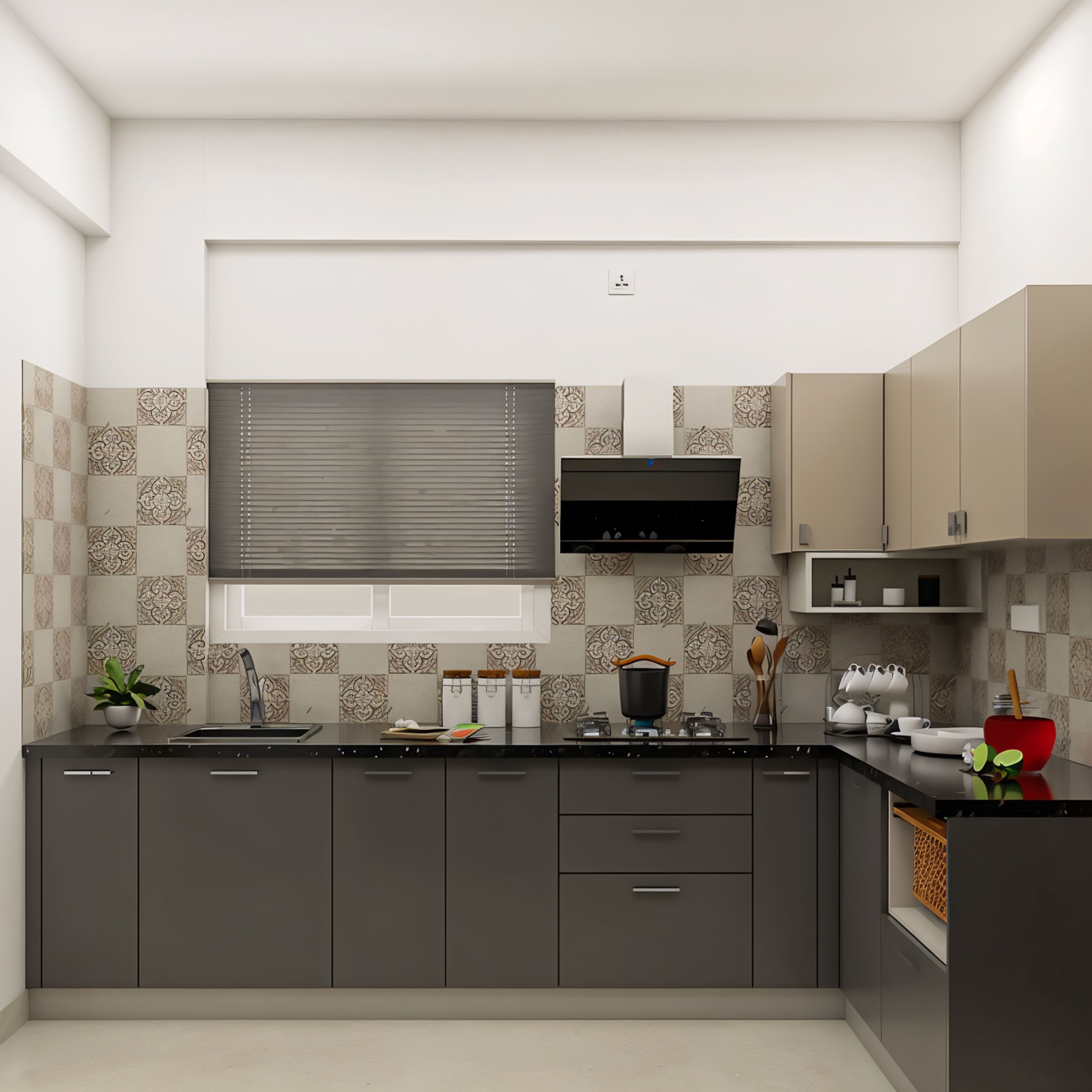 Contemporary L-Shaped Kitchen Design with Jet Black Granite Countertop