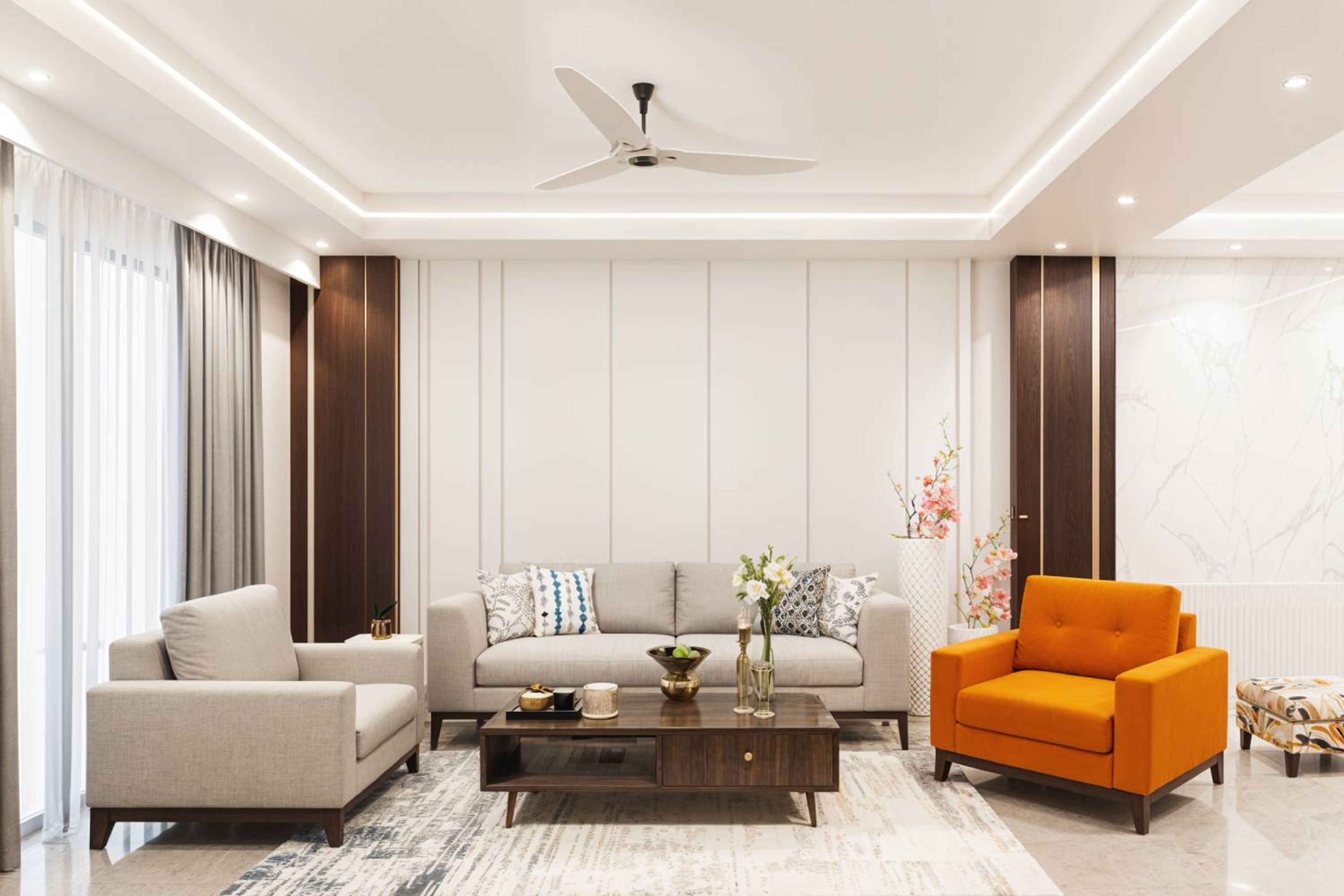 Contemporary Living Room Design with Grey Sofa and Orange Accent Chair